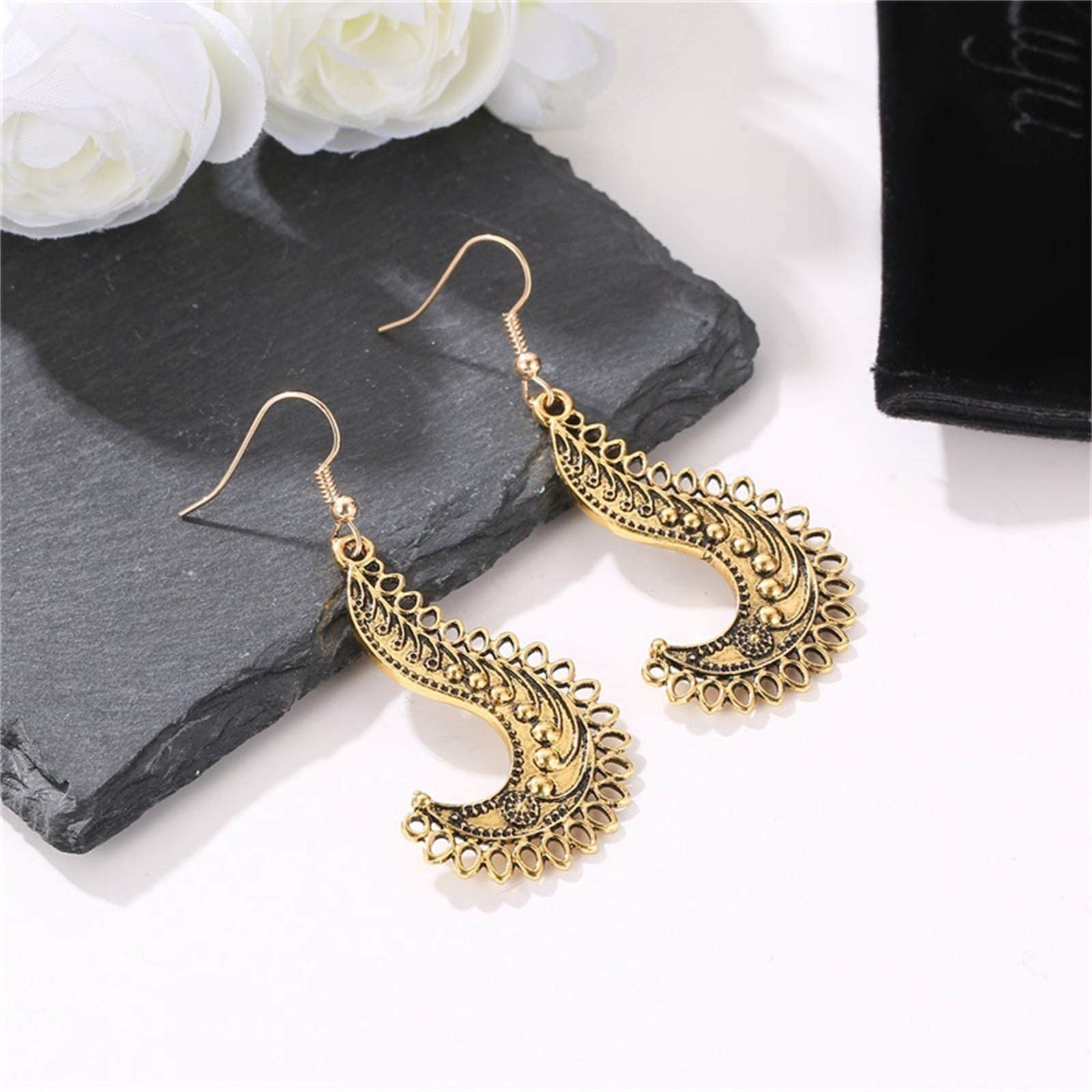 Diamond Stud Earrings for Women - 14K Gold Hollow Tribal Dangle Earrings | Vintage Ethnic Hoop Moon Jewelry | Fashion Drop Earrings for Girls & Teens | Perfect for Parties, Weddings & Everyday Wear