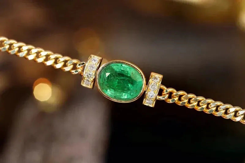 18K Yellow Gold Bracelet with Real Natural Emerald & Shiny Diamonds | Classic Elegant Women's Jewelry for Parties, Weddings & Special Occasions