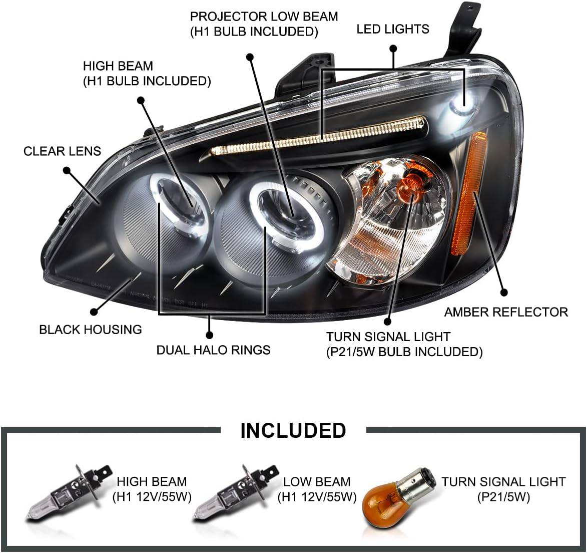 Dual Halo Projector Headlights for 2001-2003 Honda Civic - Black LED Halo Projector Headlamps - Upgrade Your Night Driving Visibility & Style