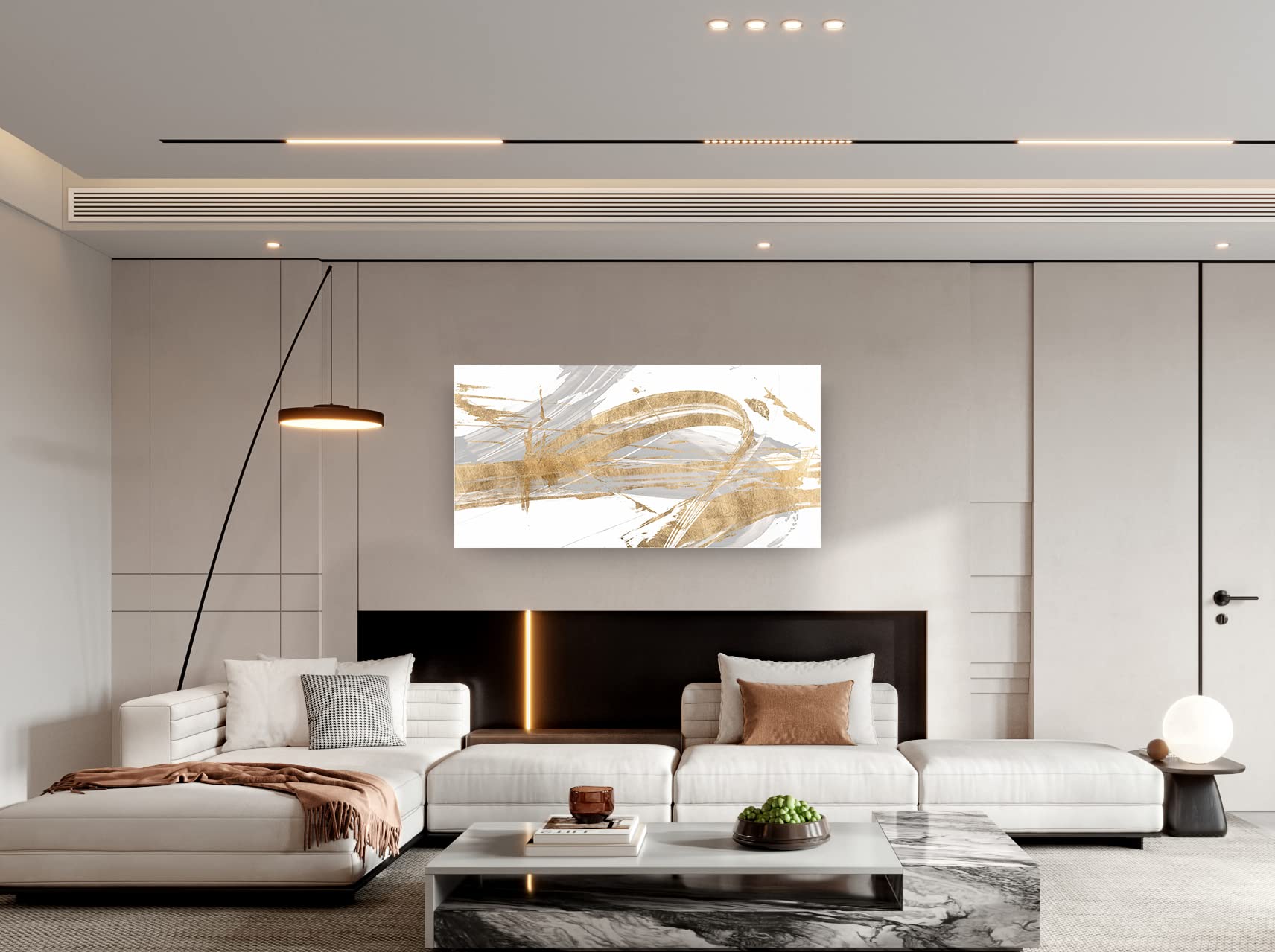 Abstract Wall Art Canvas Print - Grey & Gold Line Modern Framed Painting 24x48 inches (60x120cm) for Living Room, Bedroom, Office & Bathroom Decor | Contemporary Home Artwork for Stylish Interior Design