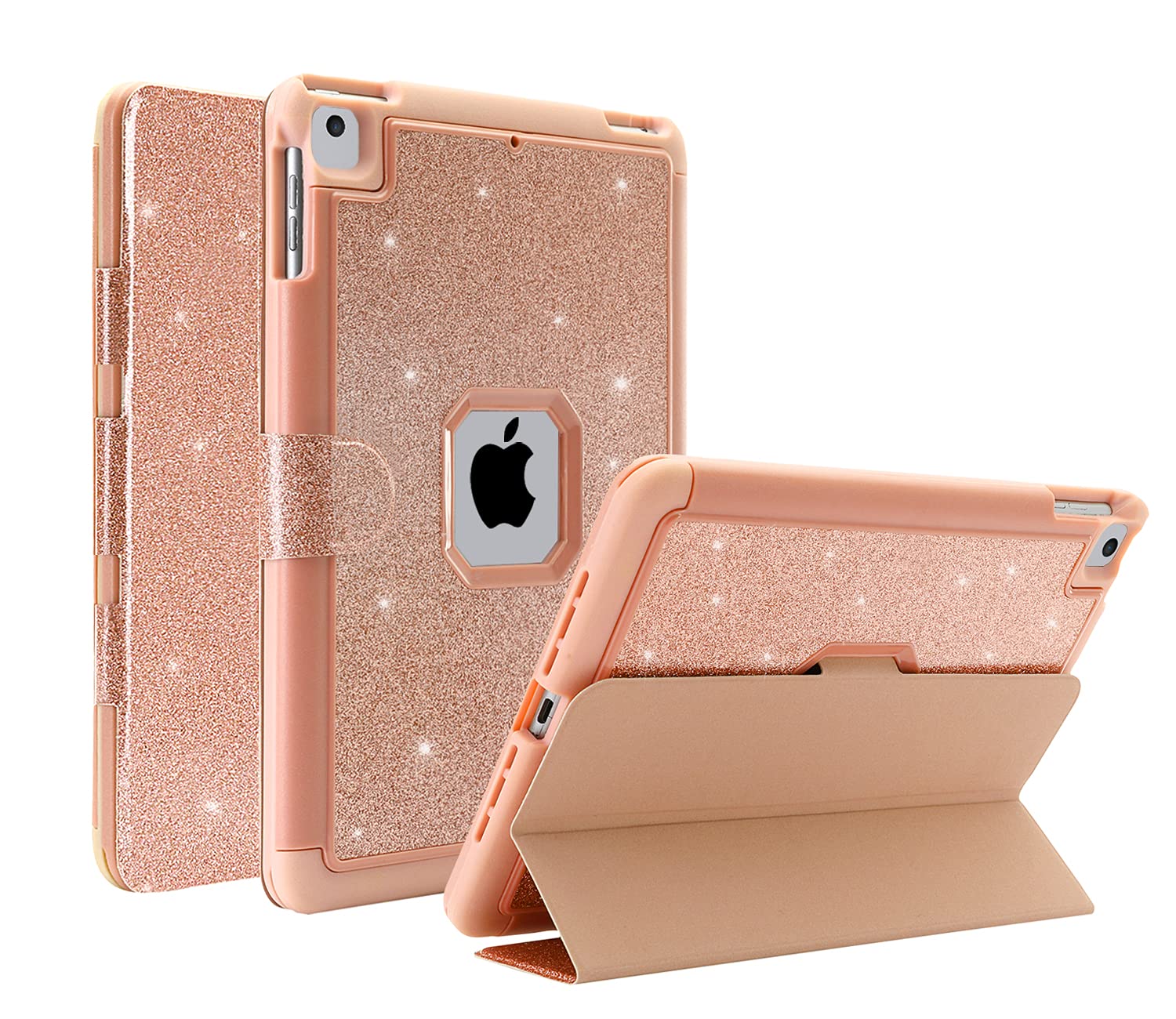 CASZONE Shockproof Heavy Duty Rugged Protective Case for iPad 9.7 (2018/2017), iPad Air 2 & iPad Pro 9.7 - Glitter Rose Gold Cover with Auto Sleep/Wake & Stand - Perfect for Work, Travel & Outdoor Use