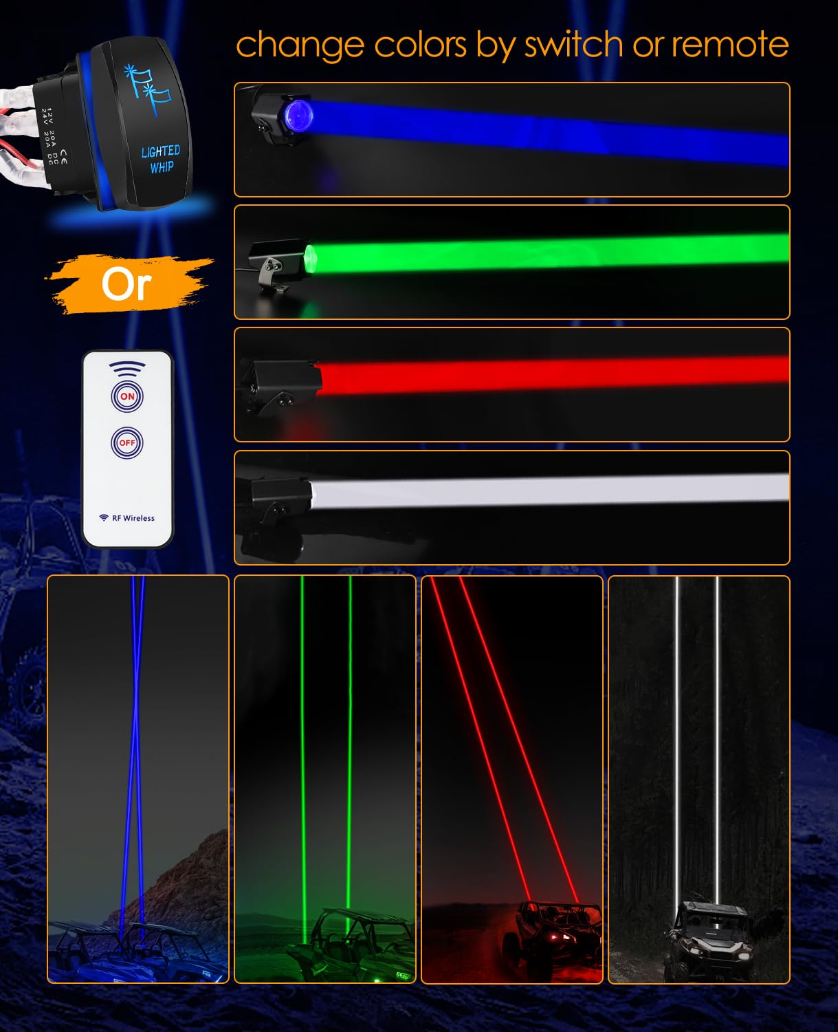 Nirider RGB LED Whip Lights for SXS, UTV, ATV, RZR, Can-Am, Dune Buggy, Truck & Boat - Remote Controlled Whipless Pods with Multi-Color Chase Effects (2 Pack - Red/Green/Blue/White) - Perfect for Off-Roading, Night Rides & Vehicle Customization