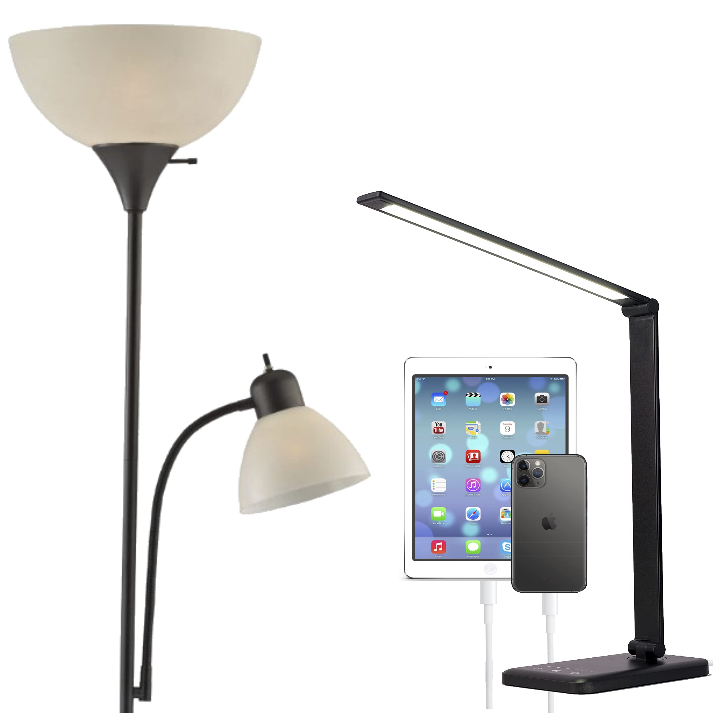 LIGHTACCENTS Susan Floor Lamp with USB Charging Port & LED Desk Lamp Set - Modern Lighting for Living Room, Bedroom, or Office Workspace