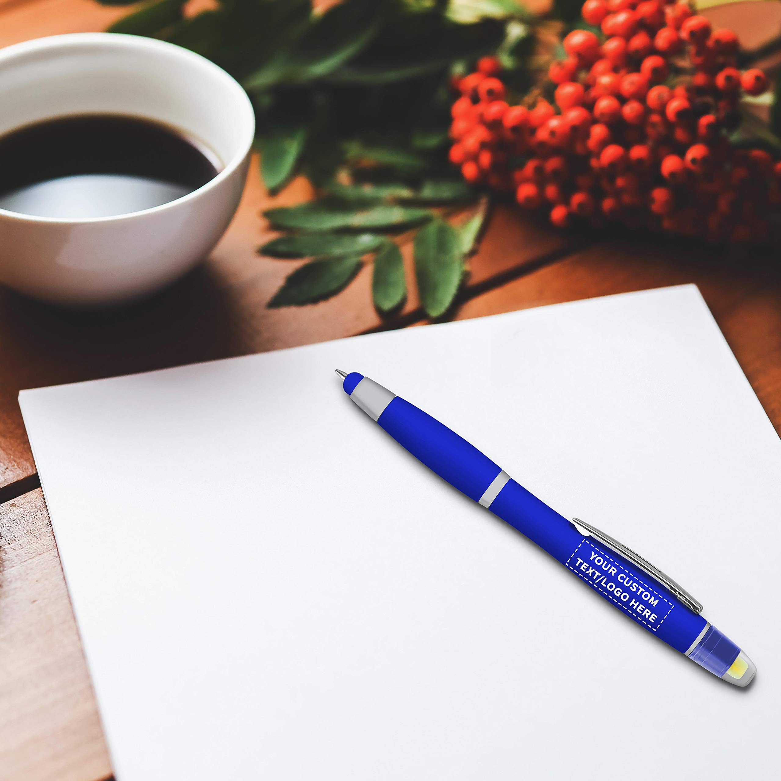 Customizable Blue Maitland Gel Highlighter Stylus Pens - 100 Pack - Smooth Writing Plastic Pens with Personalized Text & Logo - Perfect for Office, School, Note-Taking & Gift Giving