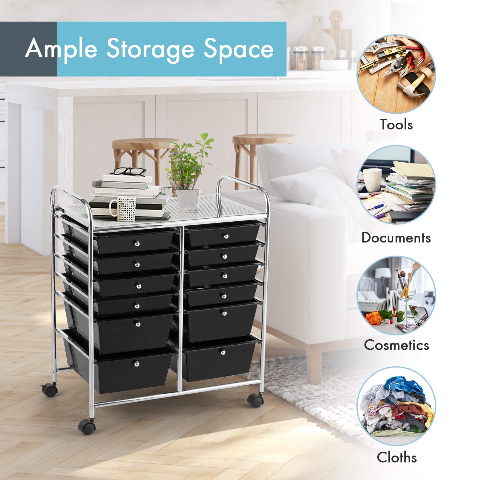 GOFLAME 12-Drawer Rolling Cart with Lockable Wheels for Office & Salon Storage