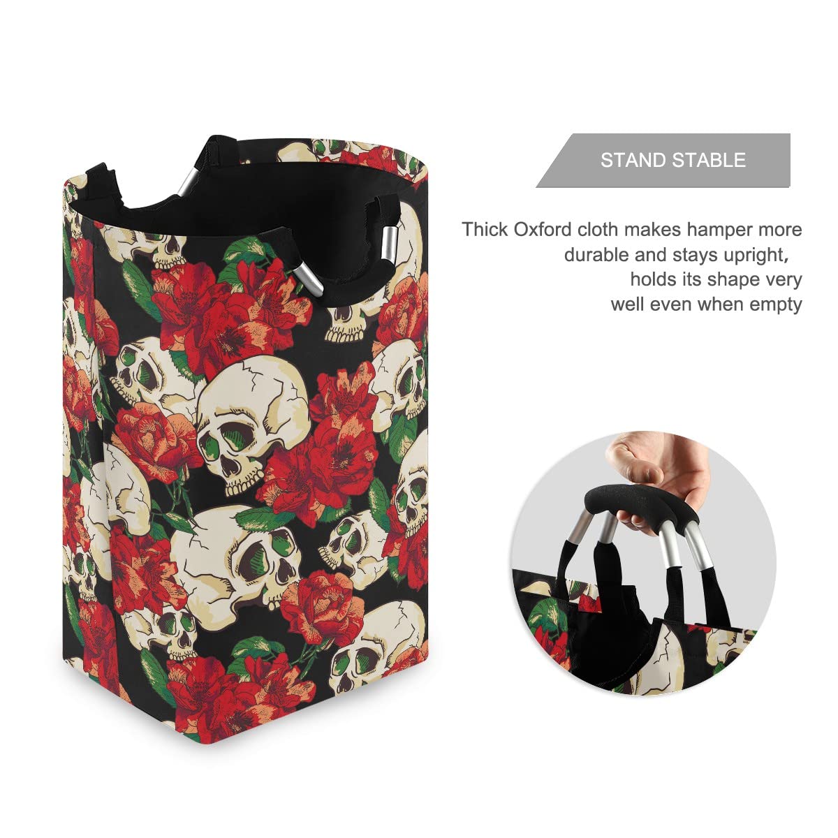 MNSRUU Foldable Laundry Bag with Handles - Skull & Flower Design Collapsible Laundry Basket Hamper for Bathroom Storage, Laundry Room Organization - Perfect for College Dorms, Travel & Home Decor