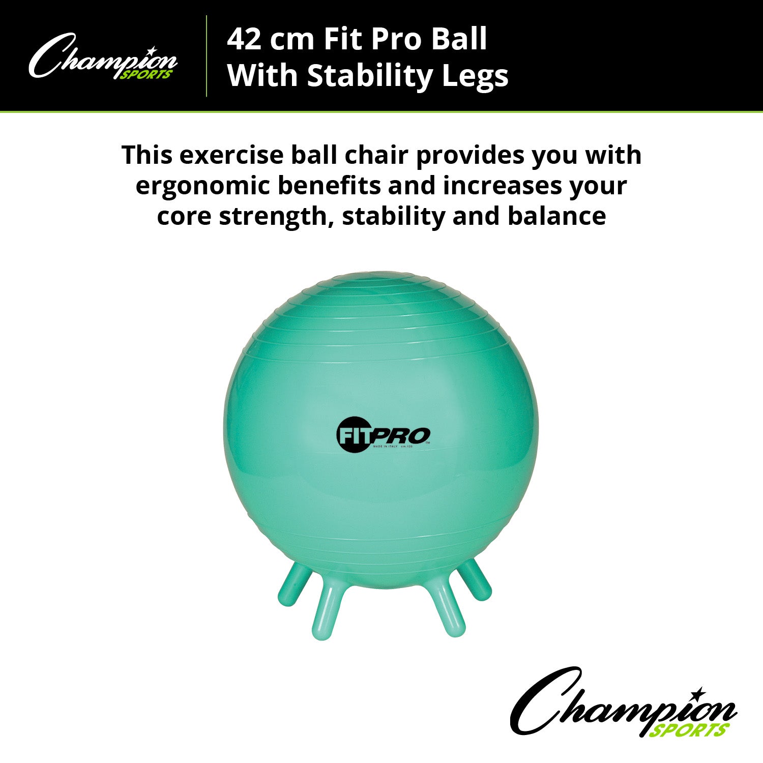 Champion Sports FitPro Stability Ball with Legs - 42cm Exercise Ball for Core Strength, Yoga, Pilates & Home Workouts - Perfect for Fitness, Balance Training & Office Chair Alternative