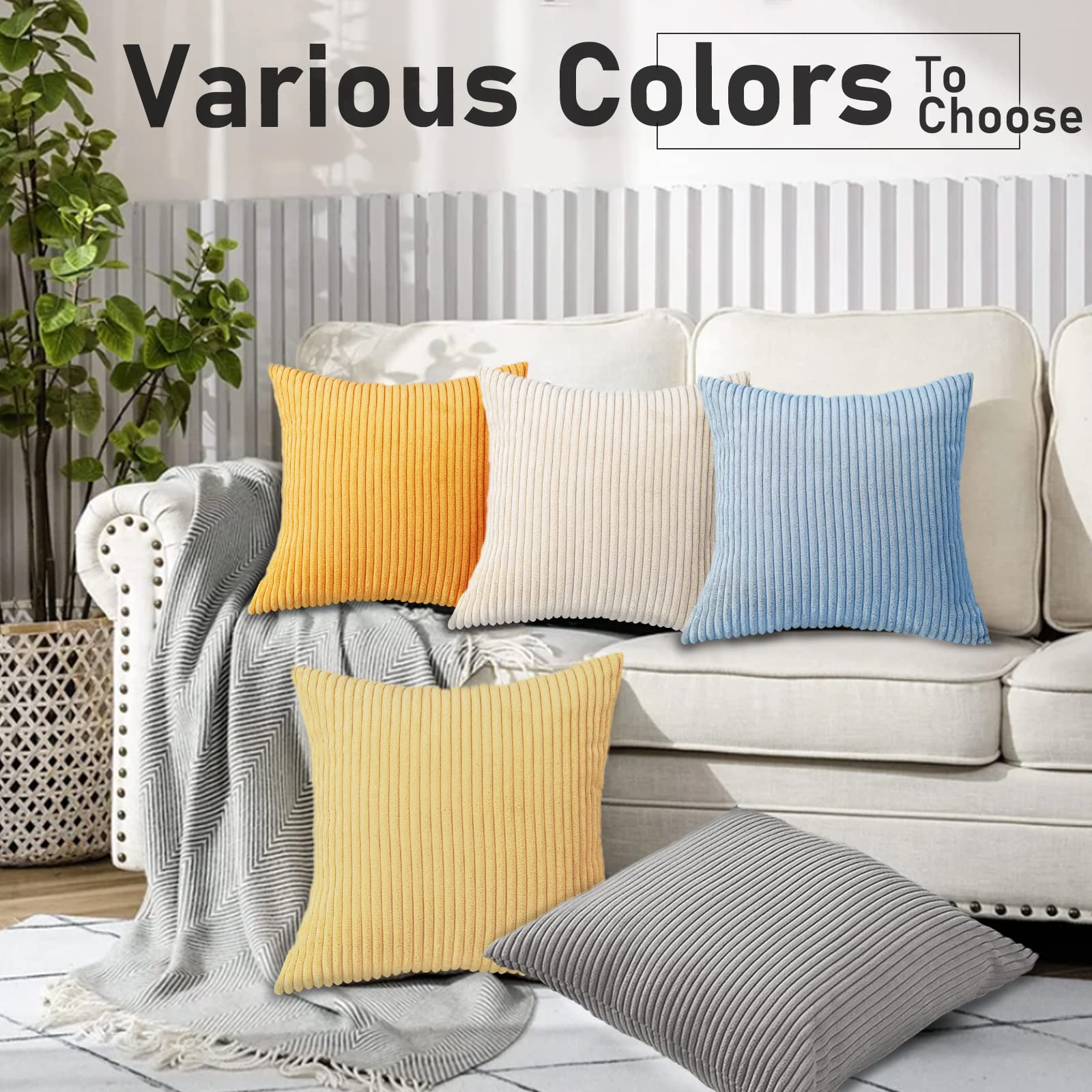 Renee 4-Piece 18x18 Inch Corduroy Throw Pillow Covers Set - Soft Square Decorative Cushion Cases for Sofa, Couch & Bedroom (Yellow) | Perfect for Living Room Decor, Home Styling & Cozy Comfort