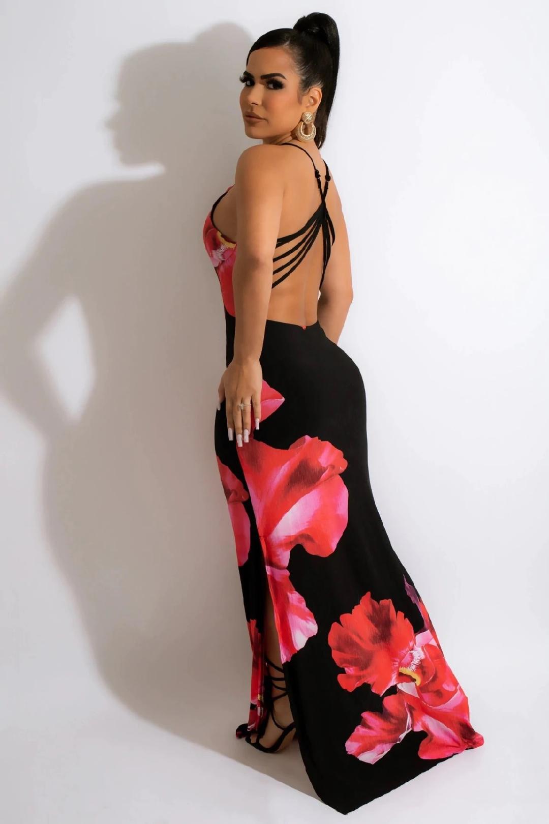 Elegant Black and Red Rose Print Strappy Maxi Dress for Women | Flowy Summer Evening Gown | Perfect for Weddings, Parties & Date Nights