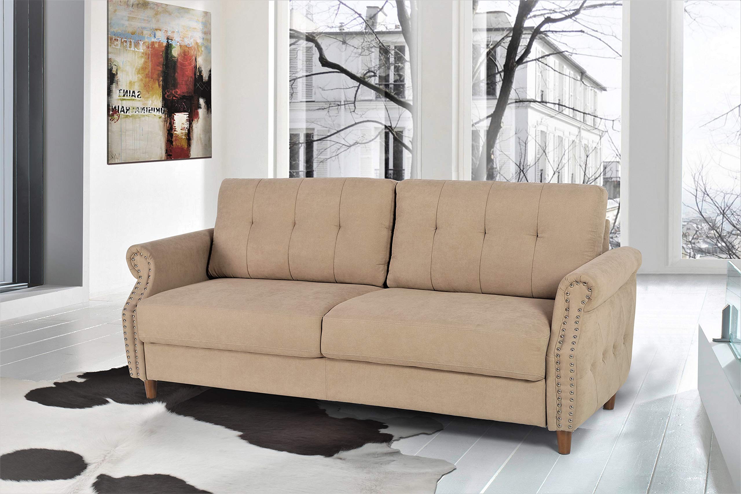 Briscoe Ultra Modern Upholstered Button Tufted Loveseat with Rolled Arms - Coffee Brown Sofa for Living Room | Perfect for Small Spaces, Apartments & Cozy Home Decor