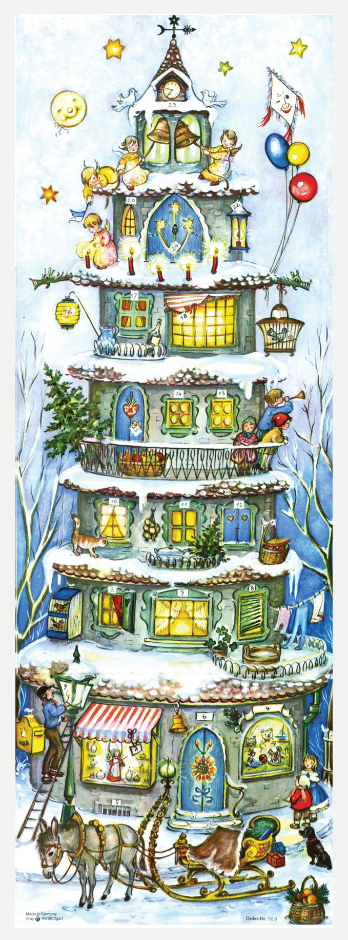 Vintage XL German Wooden Advent Calendar Pyramid House - Christmas Countdown Decoration for Home, Tabletop, and Holiday Display