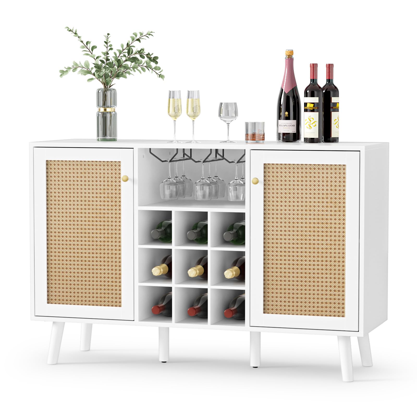 **Giluta White Rattan Sideboard Buffet Cabinet - 2-Door Farmhouse Wine Bar with Wine Rack & Glass Holder - Storage Cabinet for Living Room, Dining Room, Kitchen - Perfect for Entertaining & Home Decor**