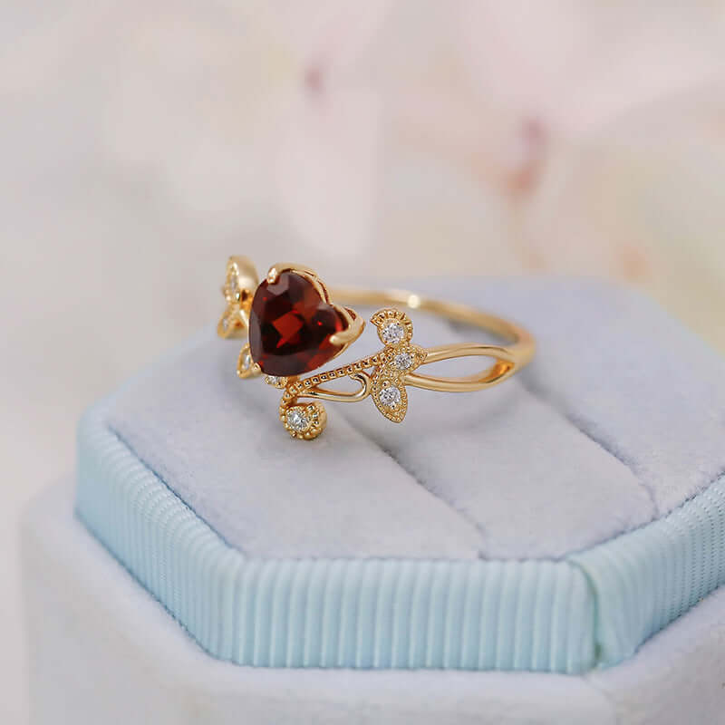 Red Garnet Heart Shaped Olive Branch Spiral Ring - Dainty Bohemian Jewelry for Women | Perfect for Valentine's Day, Anniversary Gifts & Boho Fashion Accessories
