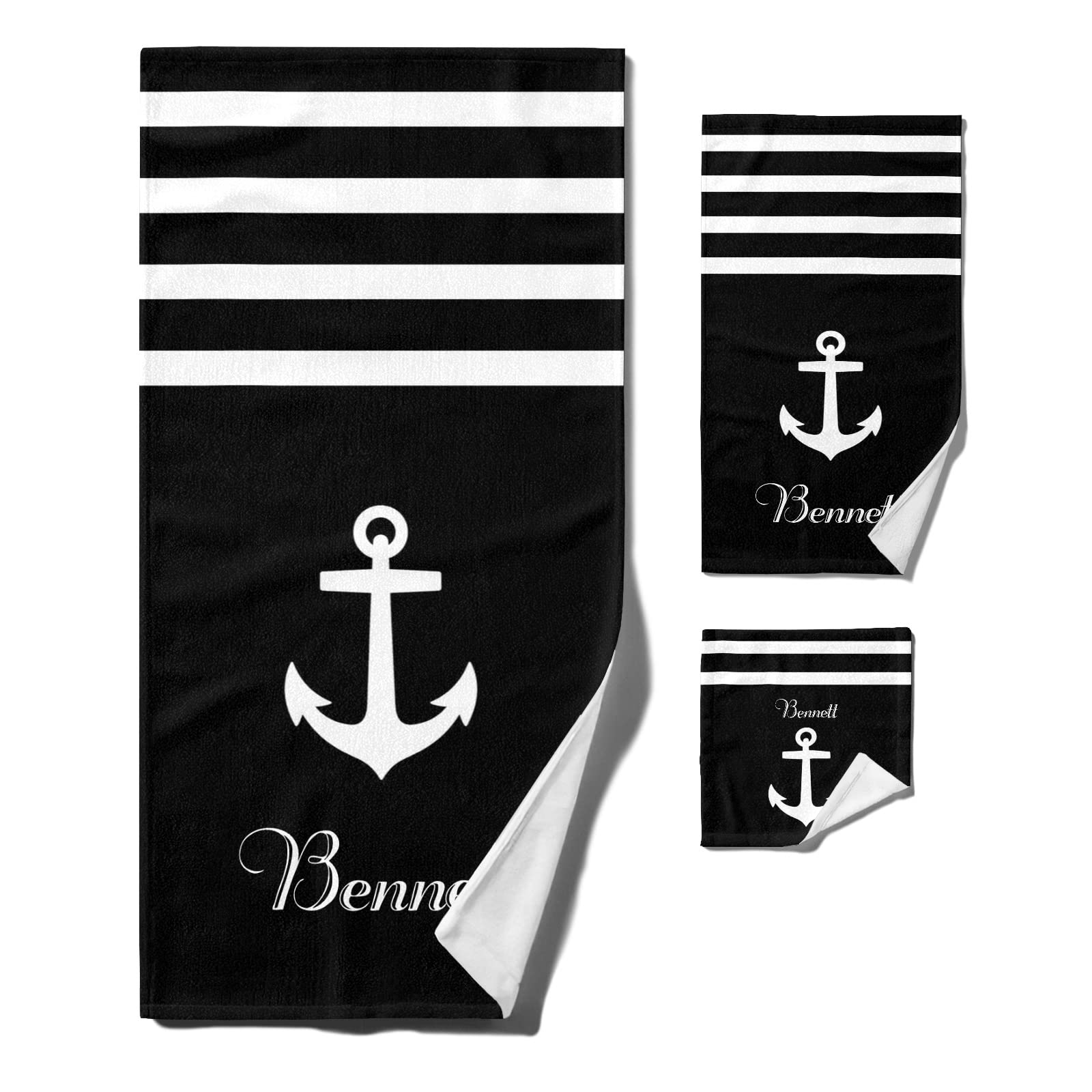 Quick Dry Microfiber Beach Towel Set - Personalized Nautical Anchor Design with Black Stripes for Adults & Kids | Perfect for Pool, Bath, Travel & Wedding Gifts