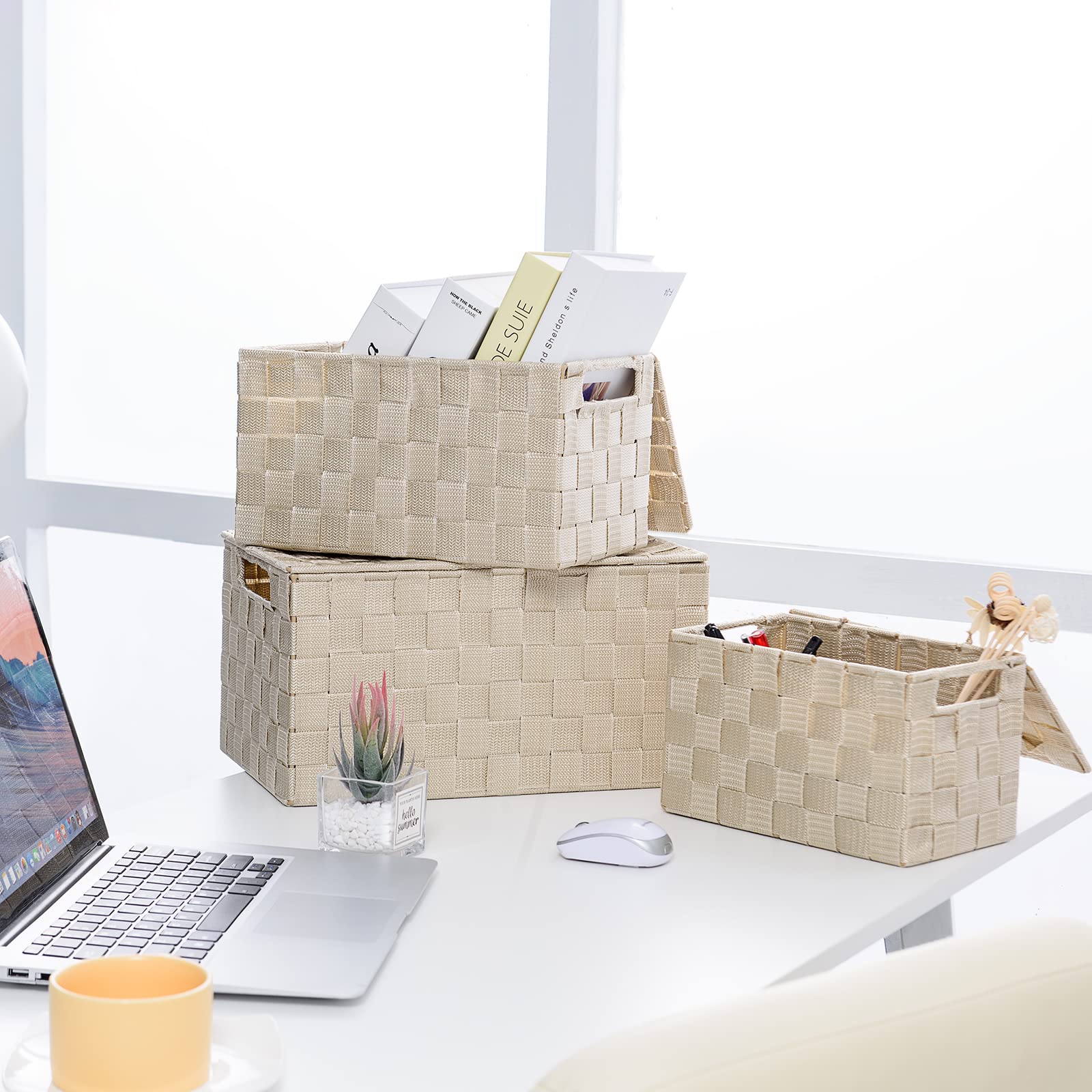 3-Pack Woven Storage Bins with Lids - Decorative Wicker Baskets for Closet, Office & Home Organization | Beige Storage Boxes for Clothes, Toys & Household Items