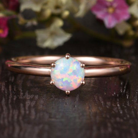 5mm Opal Engagement Ring - Lab-Created Solitaire Rose Gold, 6-Prong Birthstone Stacking Ring | Minimalist Wedding Band, Anniversary Gift for Her, Perfect for Everyday Wear & Special Occasions