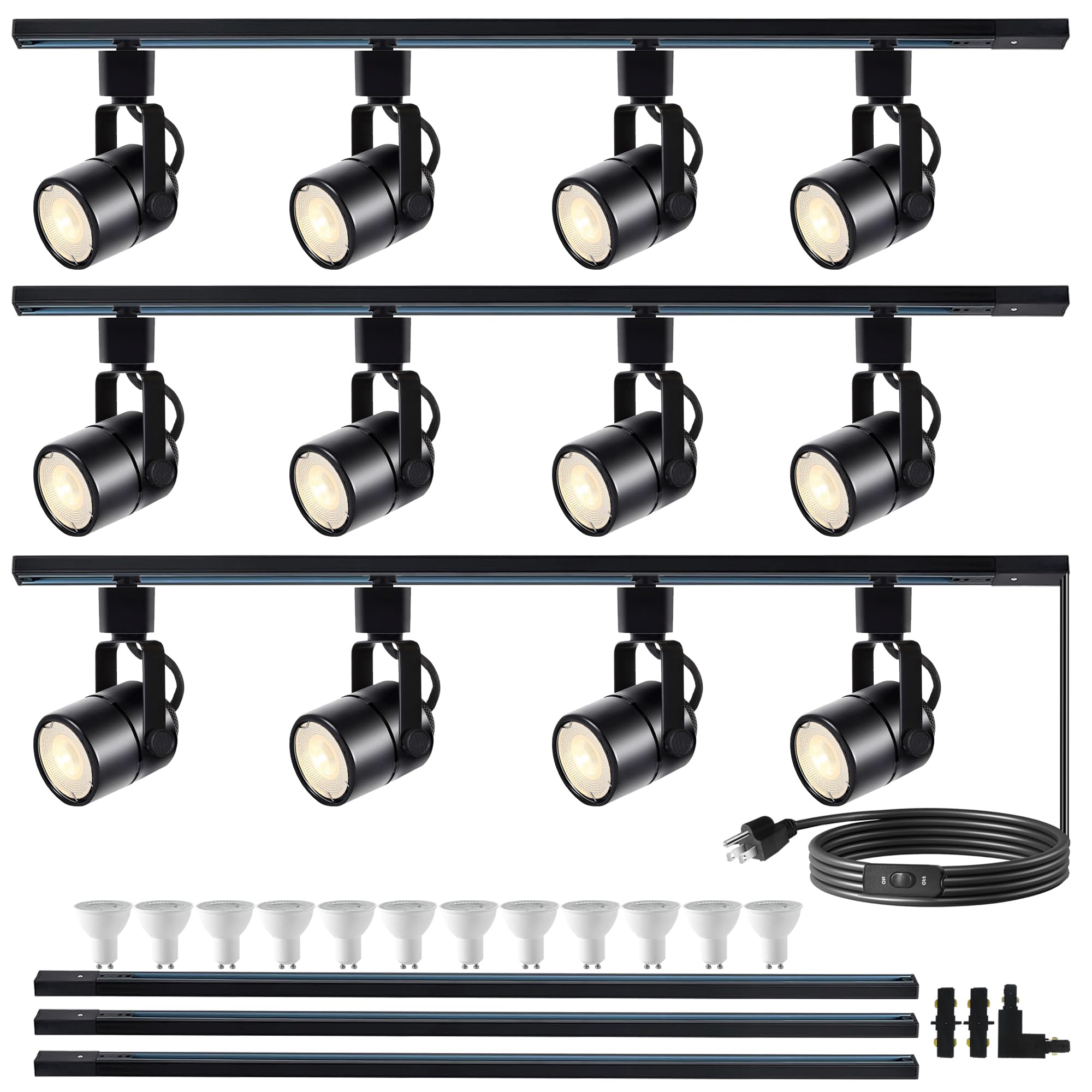 Dimmable GU10 LED Track Lighting Kit with 3x4.92ft H-Type Rails & 12 Pack 4000K Natural White Bulbs - Energy Efficient Ceiling Spotlight Fixture for Home, Office, and Retail Lighting