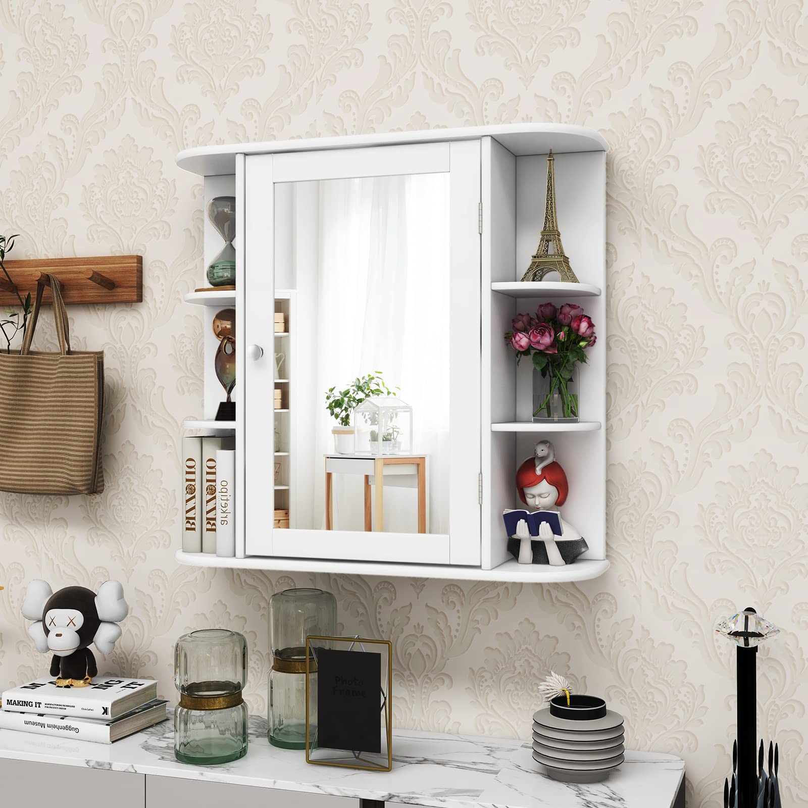 ARLIME Wall Mounted Bathroom Mirror Medicine Cabinet with 4 Adjustable Shelves & 6 Open Racks - White Wooden Storage Organizer for Bathroom, Bedroom & Entryway - Space Saving Hanging Cabinet for Toiletries, Cosmetics & Home Essentials