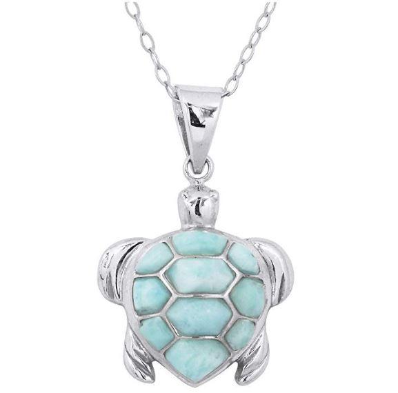Caribbean Larimar Sea Turtle Pendant Necklace & Earrings Set - Handmade Sterling Silver Jewelry for Women - Perfect for Beach Vacations, Gifts & Boho Fashion