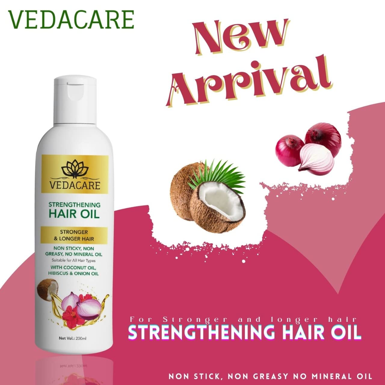 Vedacare Strengthening Hair Oil for Hair Fall Control - Natural Onion, Hibiscus & Coconut Oil Blend - Anti Hair Loss Treatment, No LLP, No Preservatives | Promotes Hair Growth & Reduces Hair Fall | Perfect for Daily Scalp Massage & Damaged Hair Repair