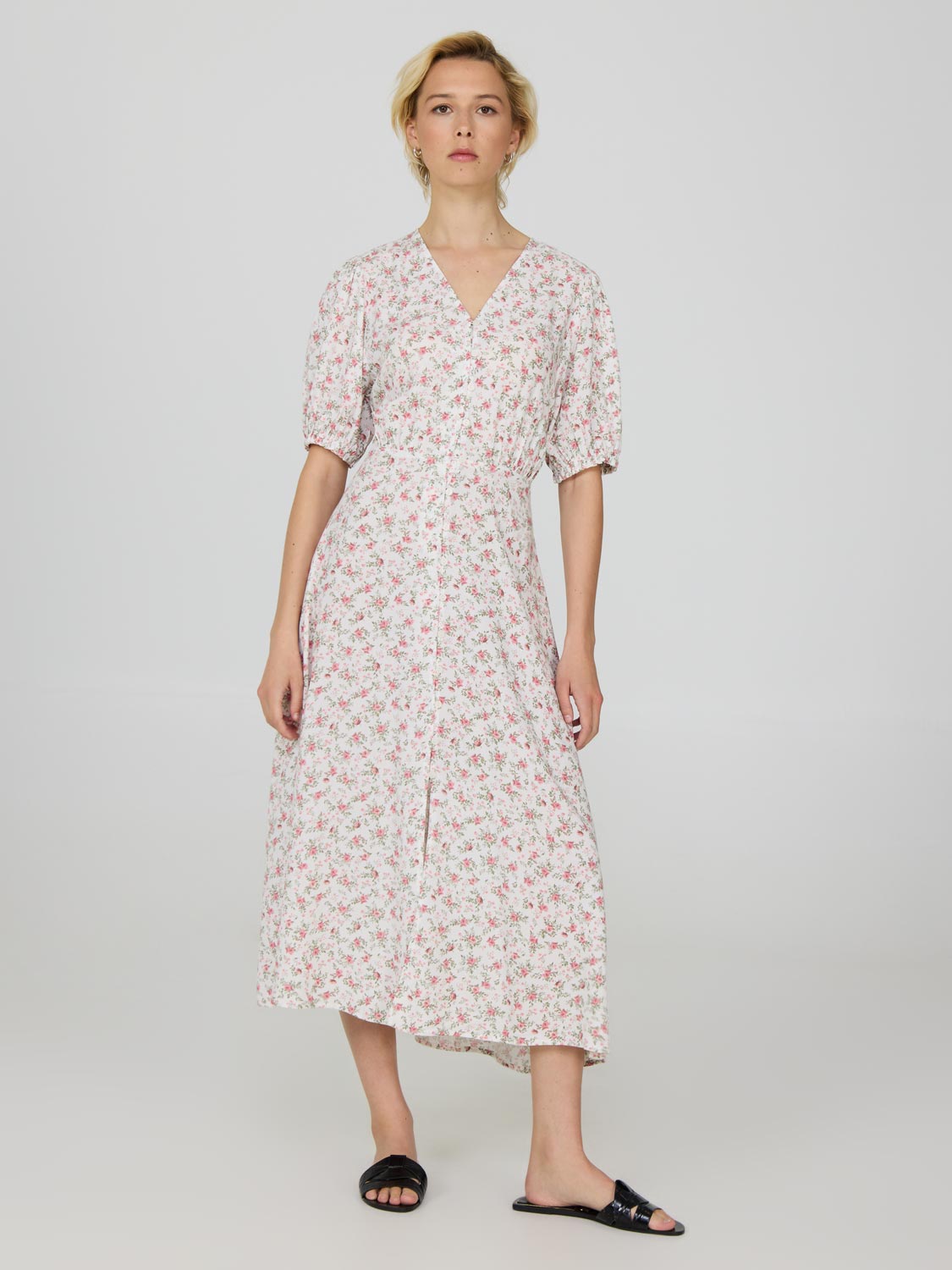 Floral Puff Sleeve Midi Dress for Women - Vintage Floral Print Summer Dress with Puff Sleeves - Perfect for Garden Party, Wedding Guest, or Brunch Outfit