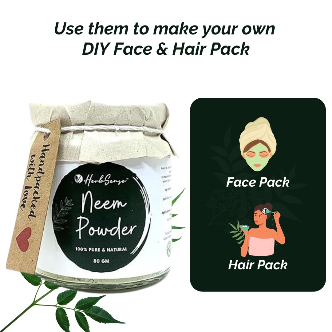 Herbsense Pure Neem Leaves Powder - 100% Natural Skin & Hair Care | Organic Face Mask for Acne Treatment & Deep Cleansing | Anti-Dandruff Hair Pack | Glass Jar 80g | Perfect for DIY Beauty Treatments & Holistic Skincare Routines