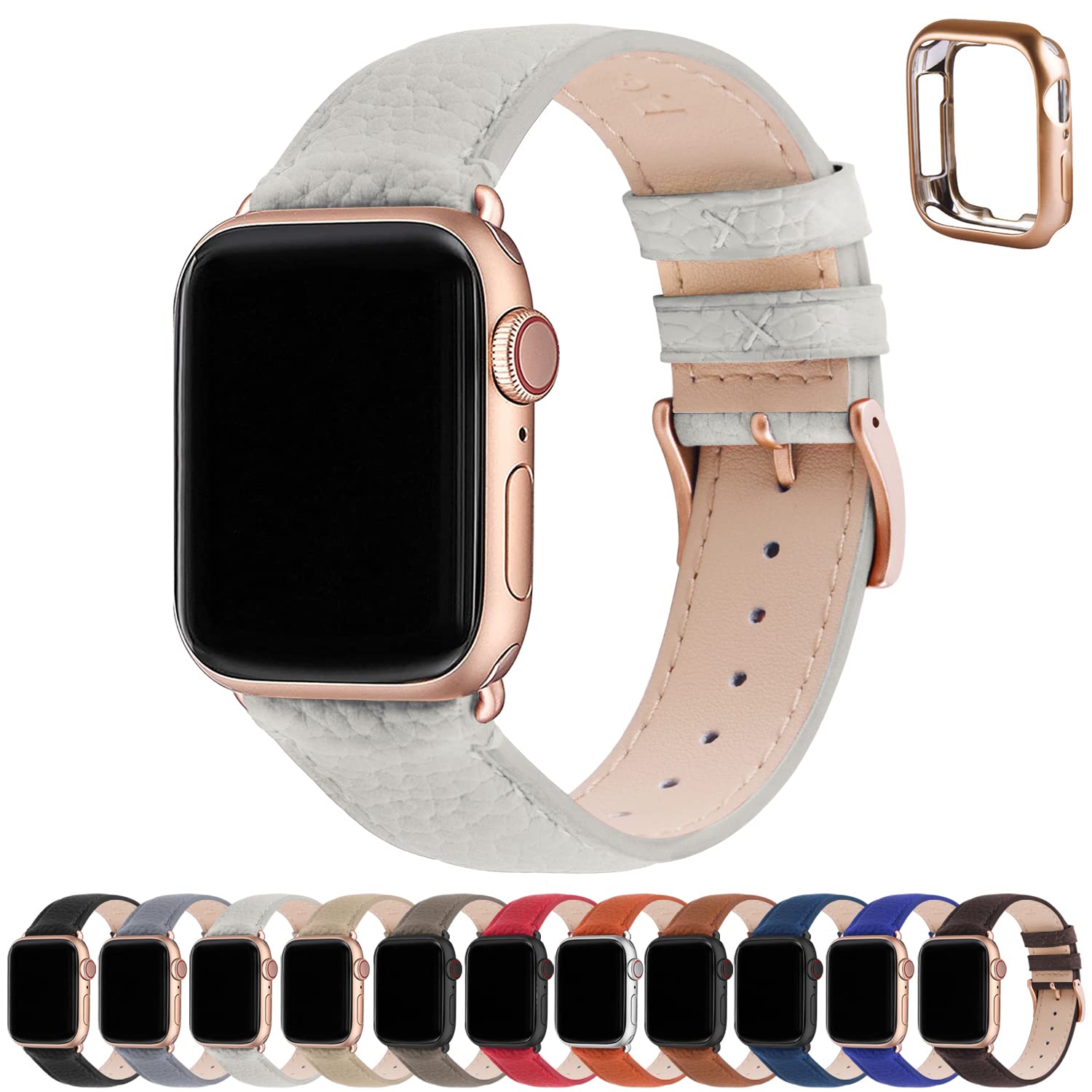 Fullmosa Genuine Leather Apple Watch Bands Compatible with Series 9/8/7/6/5/4/3/2/1/SE/Ultra 2 - 38mm 40mm 41mm 42mm 44mm 45mm 49mm - Stylish iWatch Strap with Protective Case for Women | Perfect for Work, Date Night & Formal Occasions