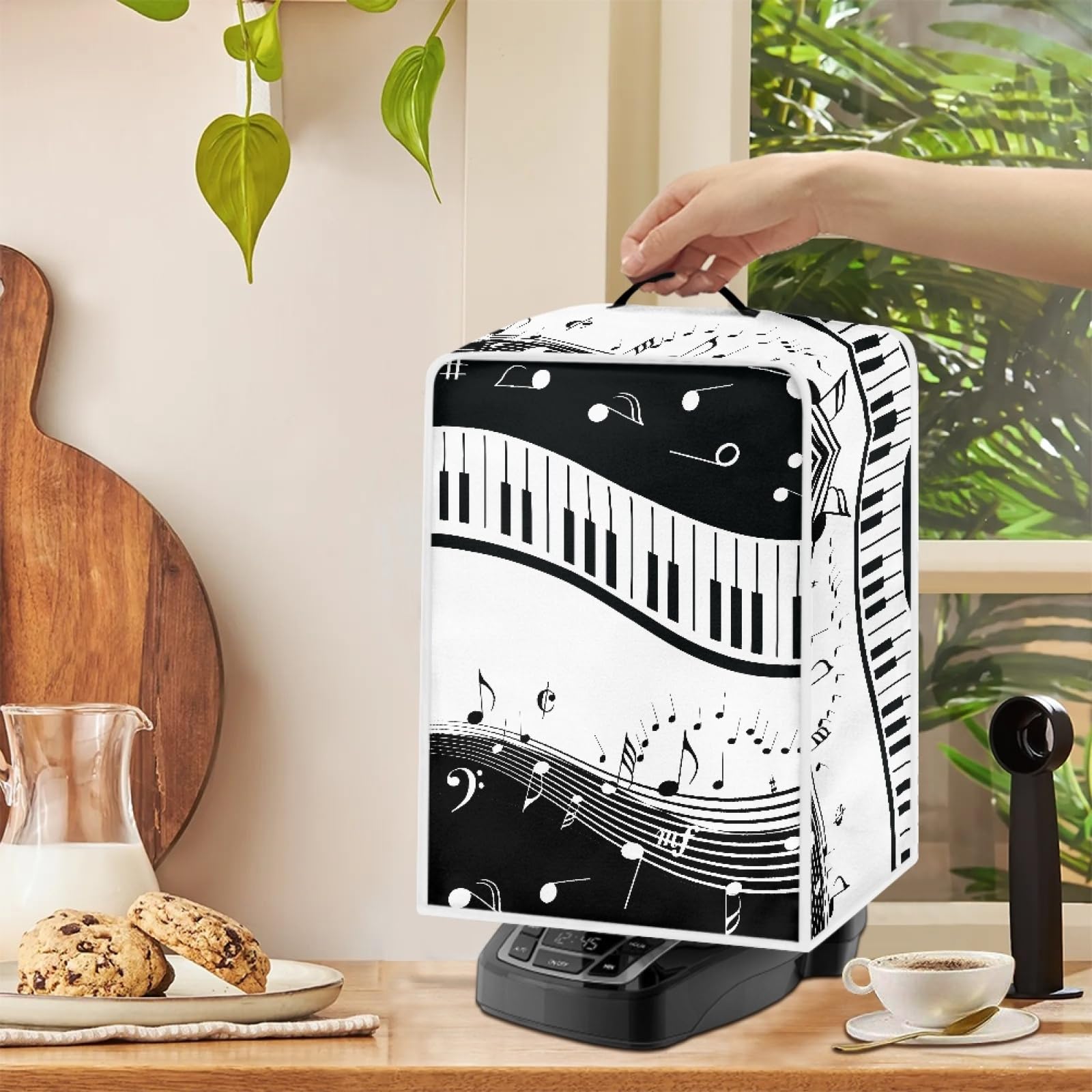 GLENLCWE White Music Note Coffee Maker Cover - Polyester Dust Cover with Top Handle, Foldable & Washable Kitchen Appliance Protector for Blender, Mixer, Juice Machines - Perfect for Home, Office & Cafe Use