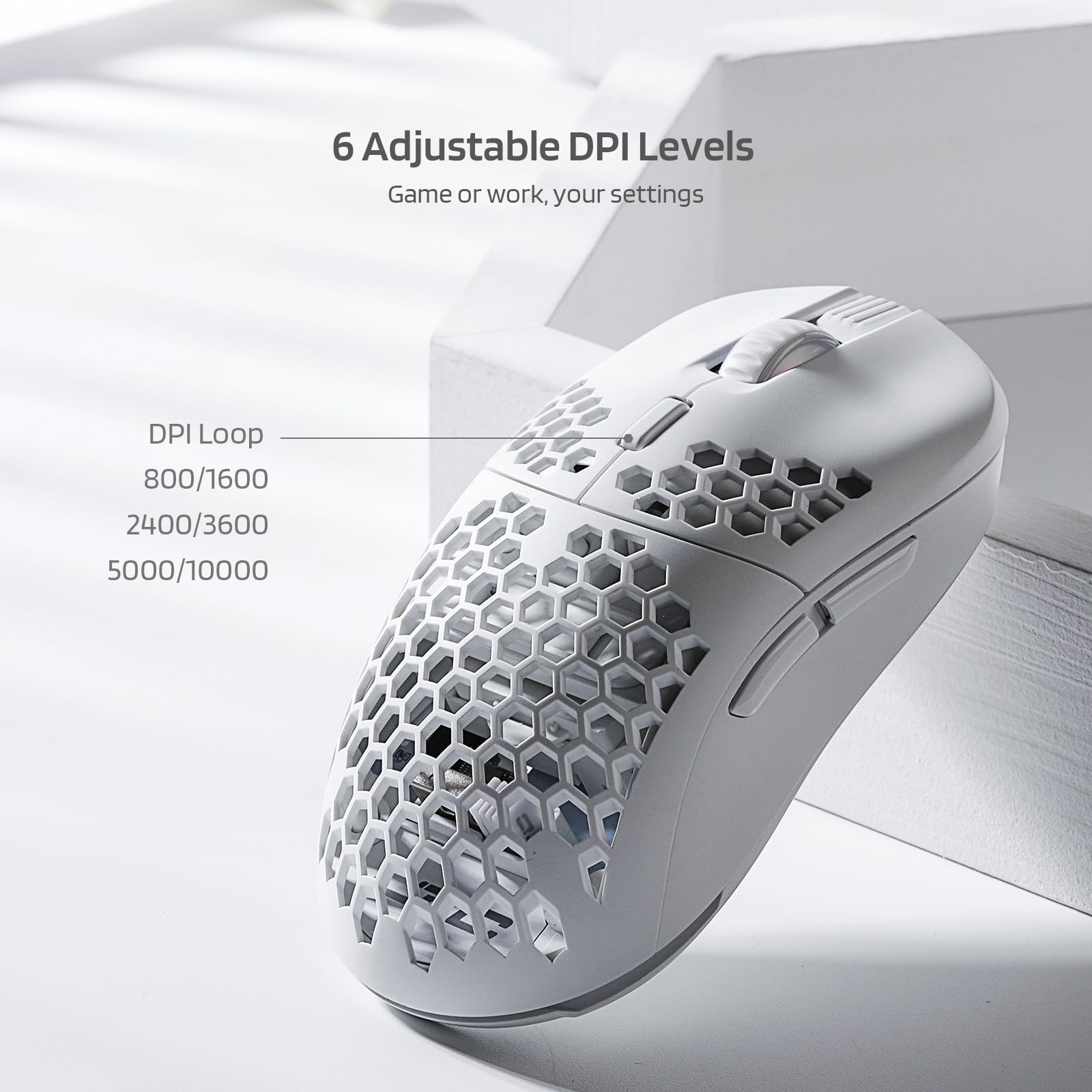 LTC WHM-001 Wireless Gaming Mouse - 10,000 DPI, 2.4Ghz/Wired RGB, Lightweight Honeycomb Shell, Ambidextrous Ergonomic Design for PC/Mac/Laptop (White) - Perfect for FPS, MOBA Games and Office Work