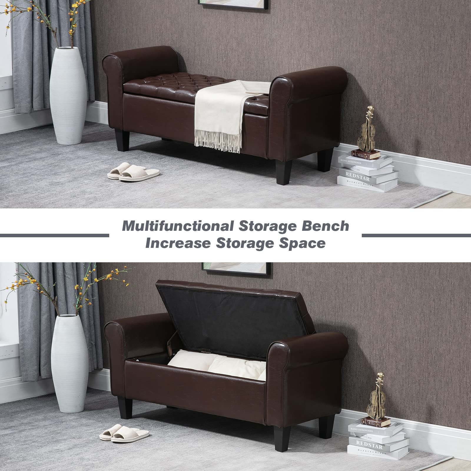 ECOTOUGE Brown Leather Ottoman with Storage - Upholstered Bench Footrest for Living Room & Bedroom - Rolled Arm Foot Stool for Extra Seating & Relaxation - Perfect for Small Spaces, Home Decor & Comfort