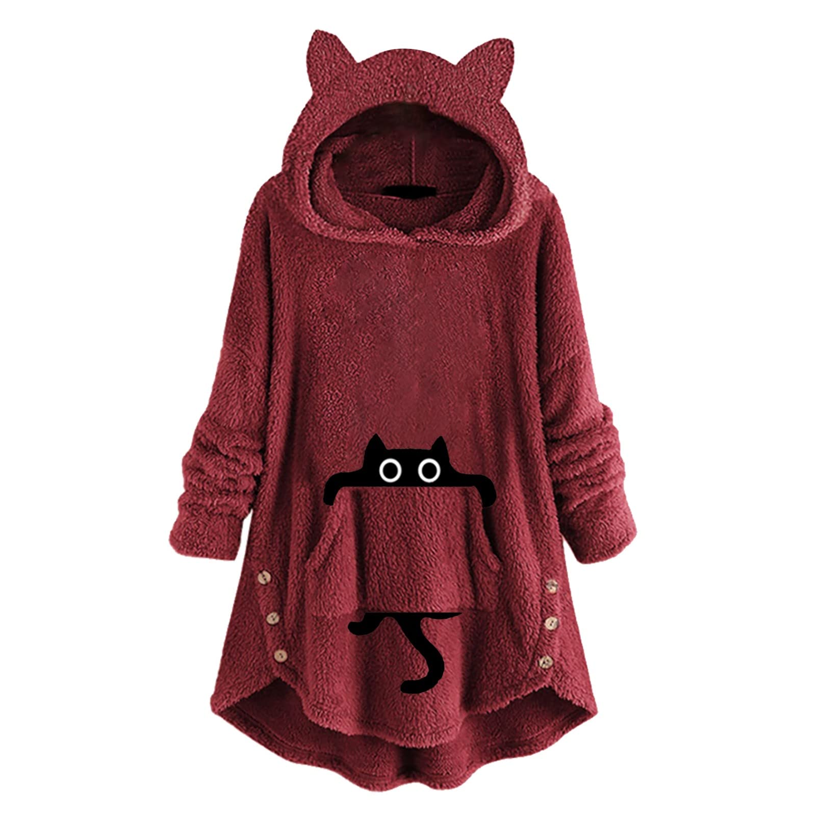 Women's Cute Cat Hoodie with Fleece Ears, Buttons & Pockets - Long Sleeve Tunic Length Jacket for Casual Wear, Outdoor Activities & Cat Lovers