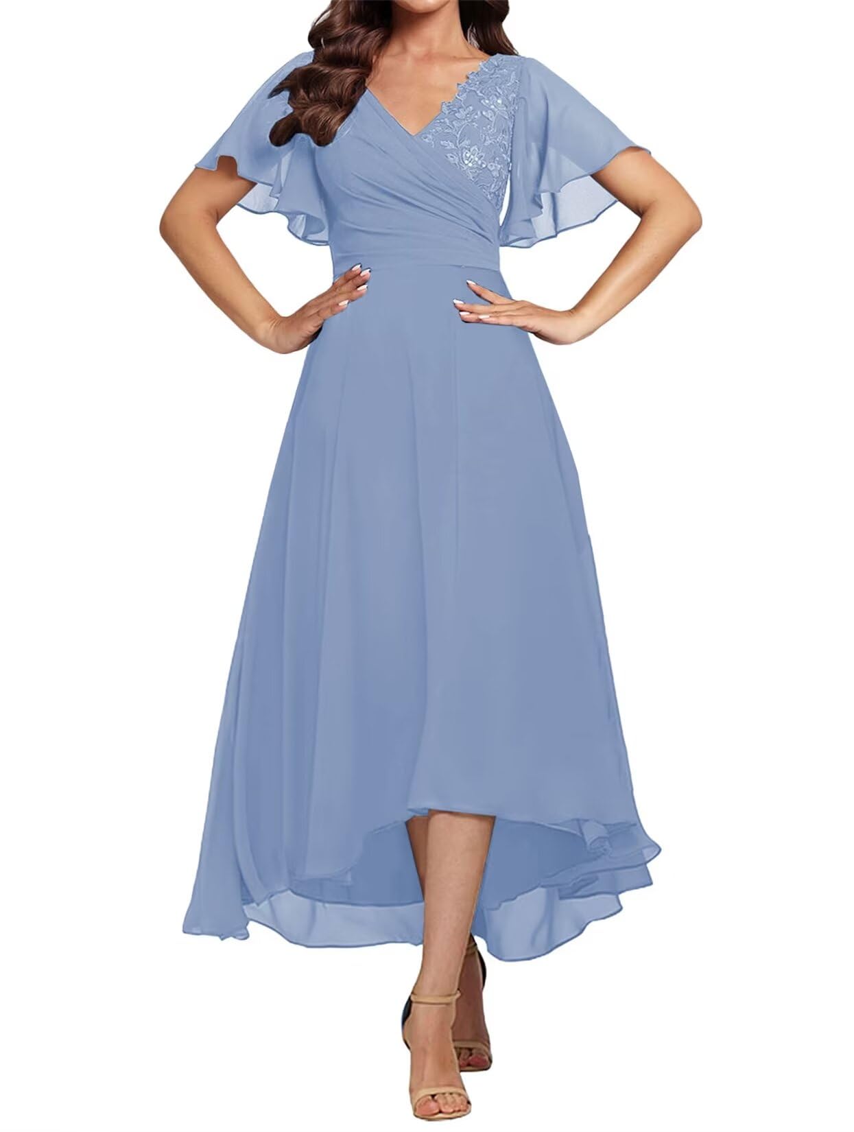 Elegant Tea-Length Mother of The Bride Dress with Lace Appliques & V-Neck - Perfect for Weddings, Receptions & Formal Events
