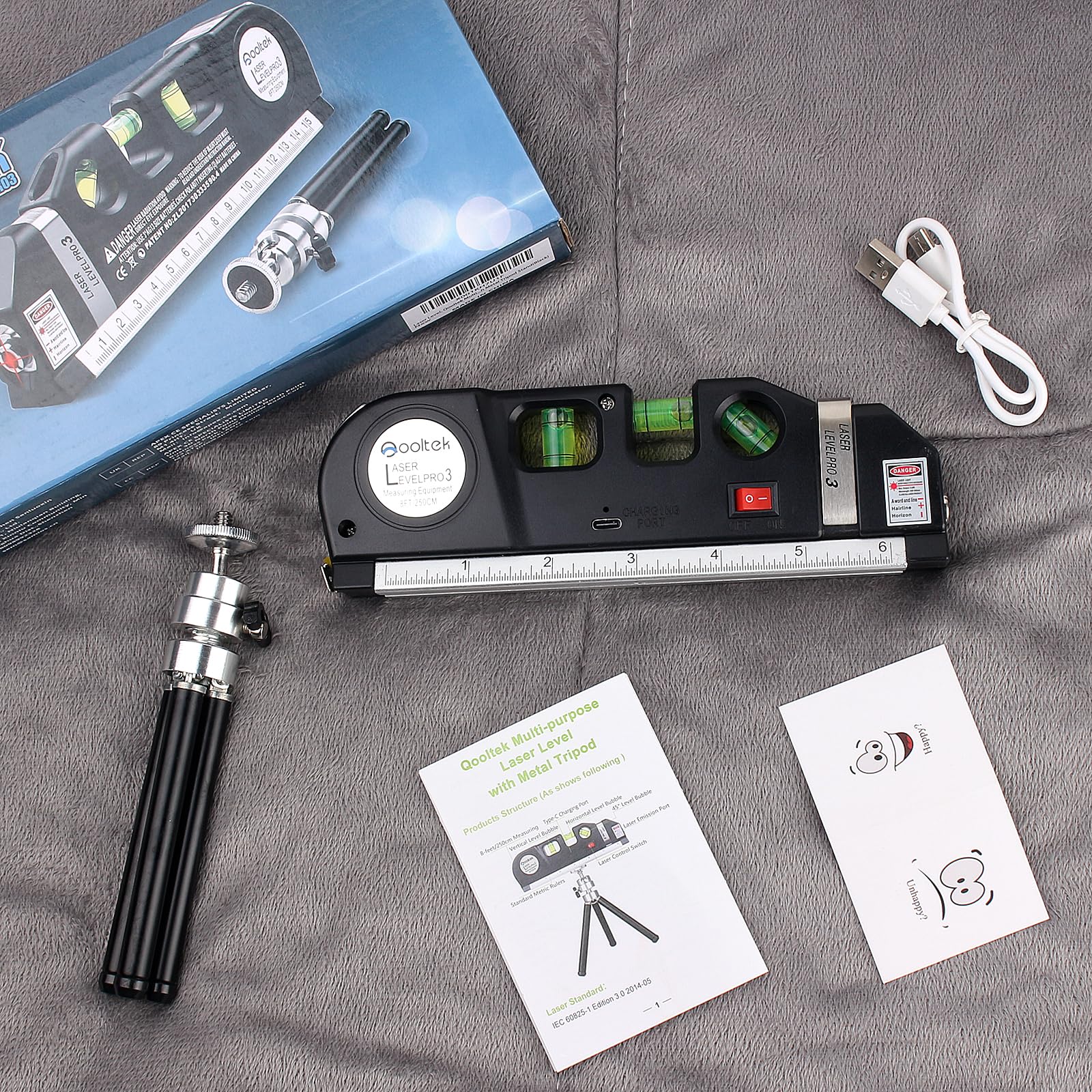 Qooltek Cross Line Laser Level Tool with Metal Tripod & Rechargeable Battery - Multipurpose Laser Level for Picture Hanging, Construction, and DIY Projects (Black) - Perfect for Home Renovation, Wall Alignment, and Tile Installation
