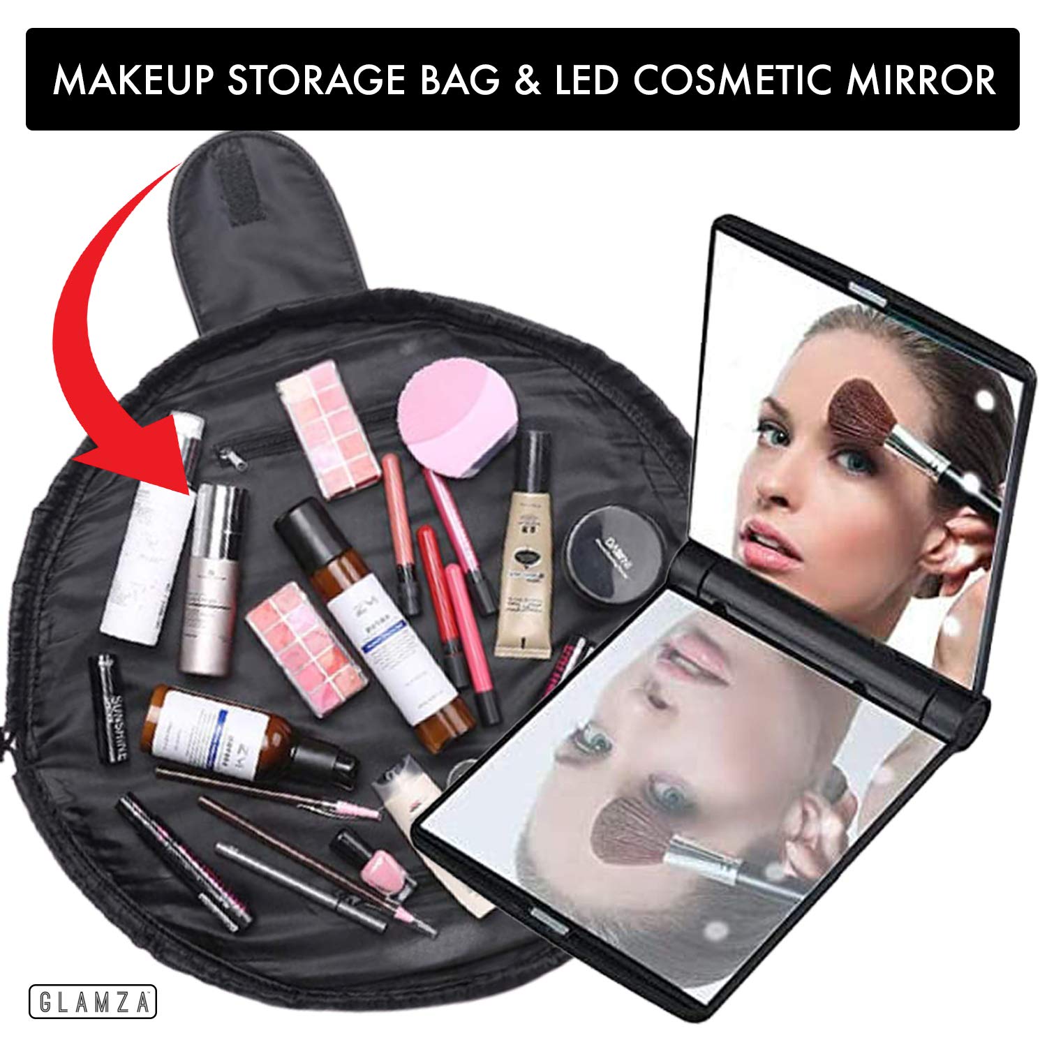 GLAMZA Drawstring Makeup Bag - Convertible Flat to Structured Travel Cosmetic Pouch with LED Mirror | Black Makeup Organizer for Women & Girls | Perfect for Travel, Gym & Daily Beauty Storage