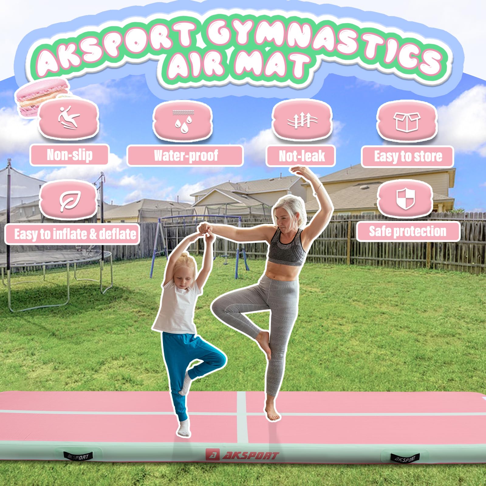 AKSPORT Inflatable Gymnastics Mat Tumble Track - 10ft to 23ft Air Tumbling Mat with Pump for Home Gym, Cheerleading, Yoga & Kids Play - Perfect for Indoor Training, Backyard Exercise & Fitness Routines