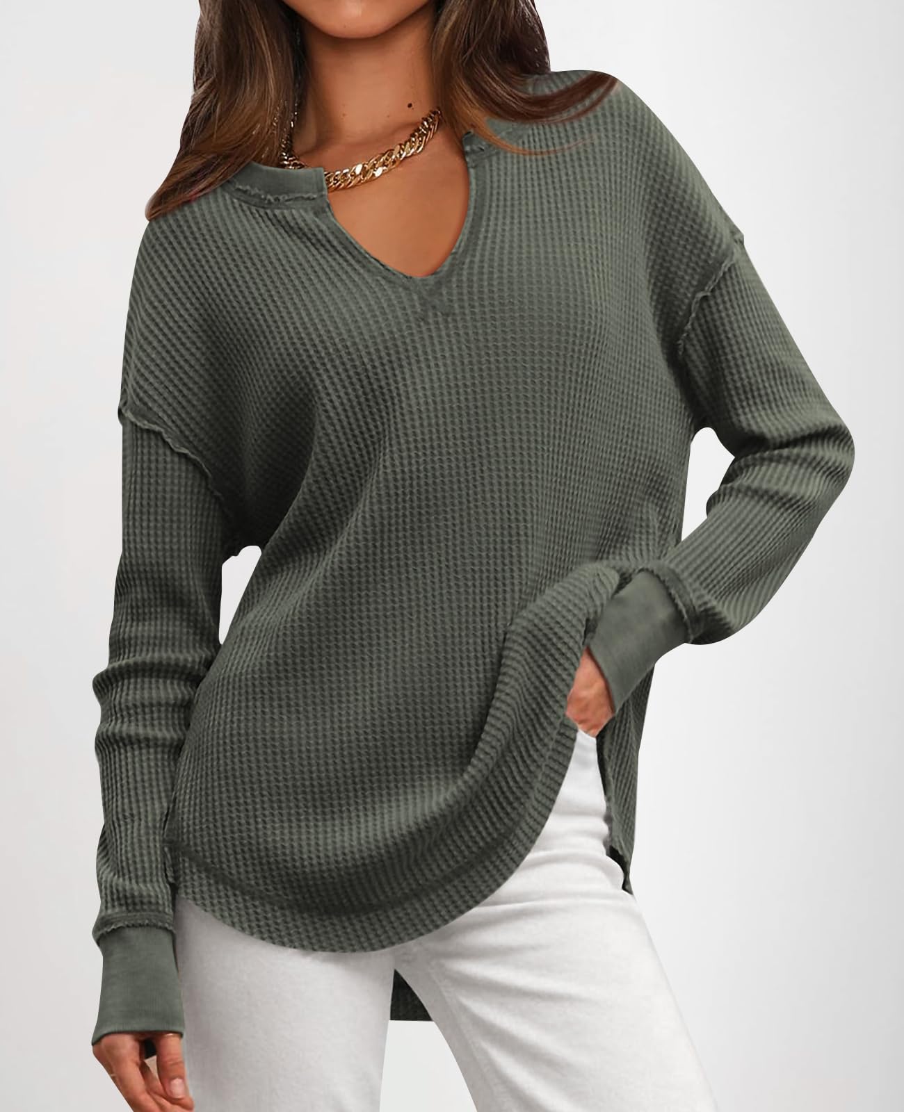 PRETTYGARDEN Women's Waffle Knit Long Sleeve V-Neck Drop Shoulder Pullover Sweater - Casual Oversized Tunic Top with Exposed Seam Details for Spring & Fall | Perfect for Layering, Office Wear, and Weekend Outfits