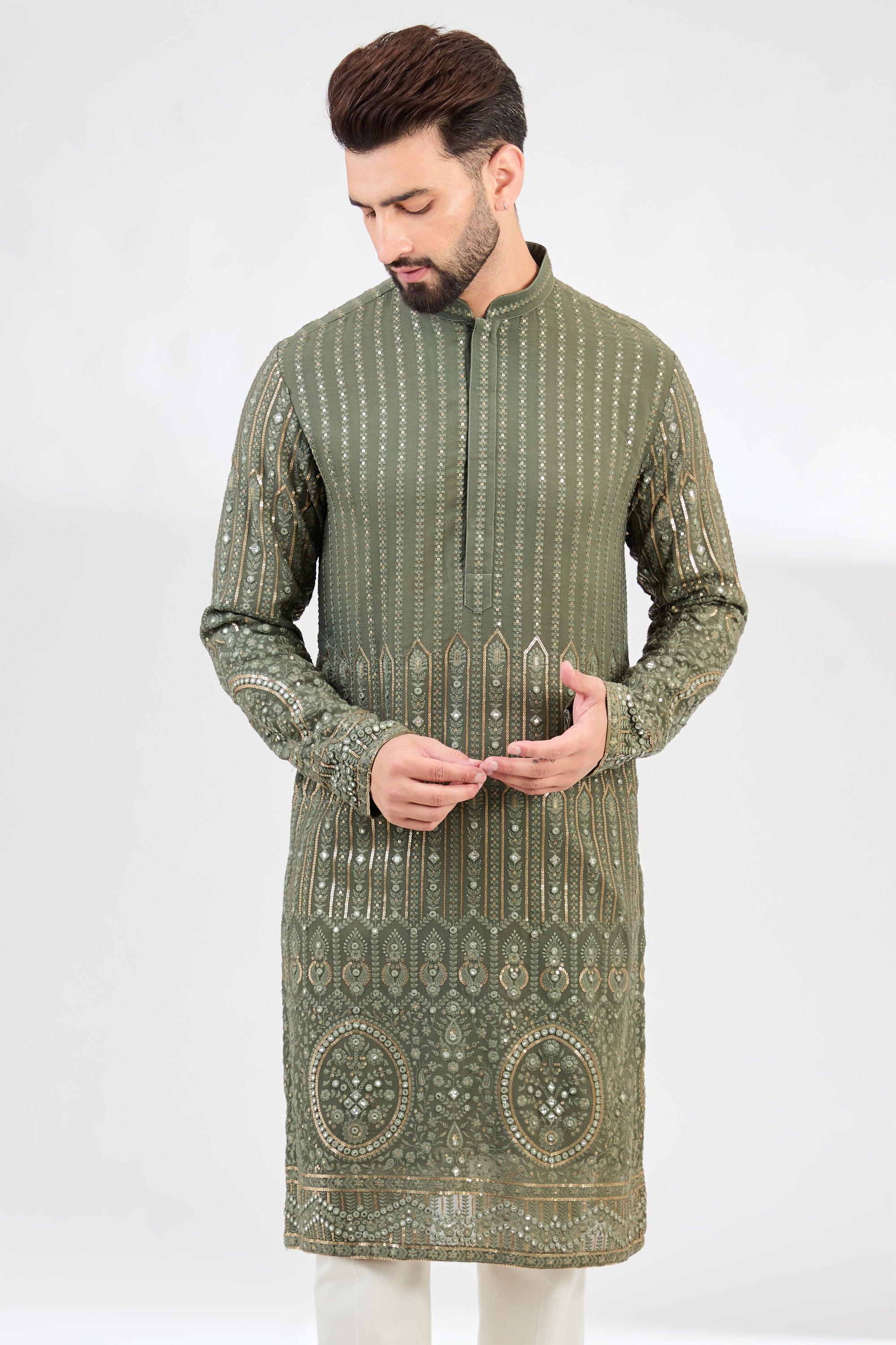 Stylish Military Green Chikankari Kurta with Intricate Ghera Embroidery - Perfect for Ethnic Wear, Festivals & Special Occasions