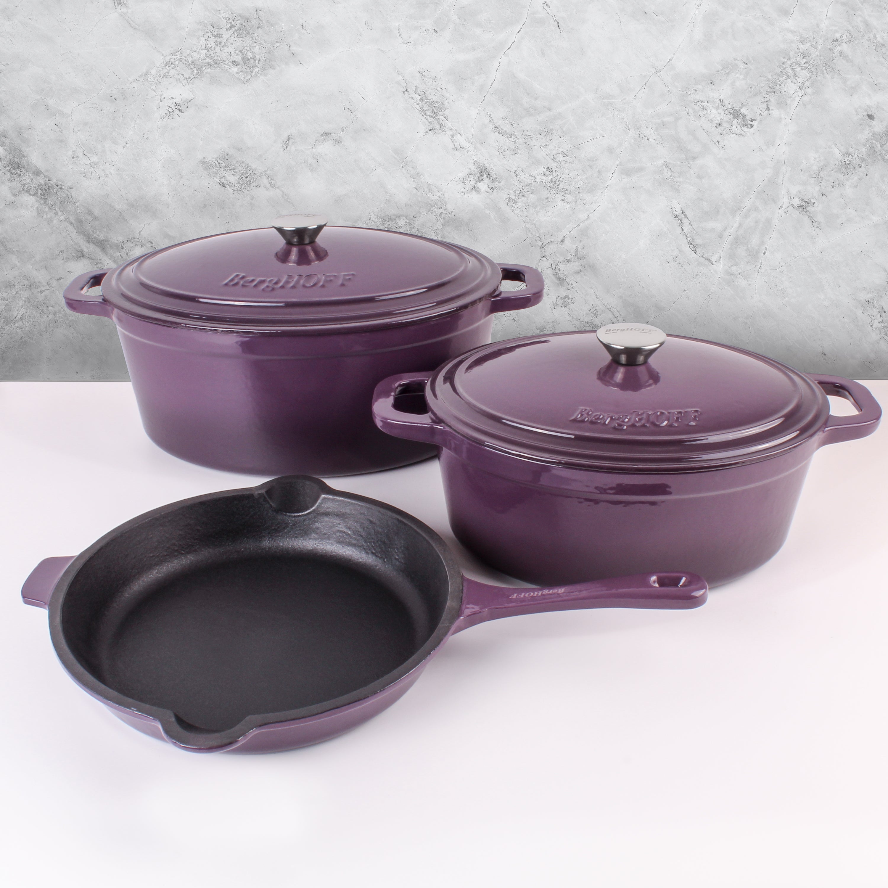 BergHOFF Neo 5-Piece Cast Iron Oval Dutch Oven Set with 10-Inch Fry Pan, 5-Quart & 8-Quart, Purple - Perfect for Braising, Roasting, and Slow Cooking in the Oven or on the Stovetop