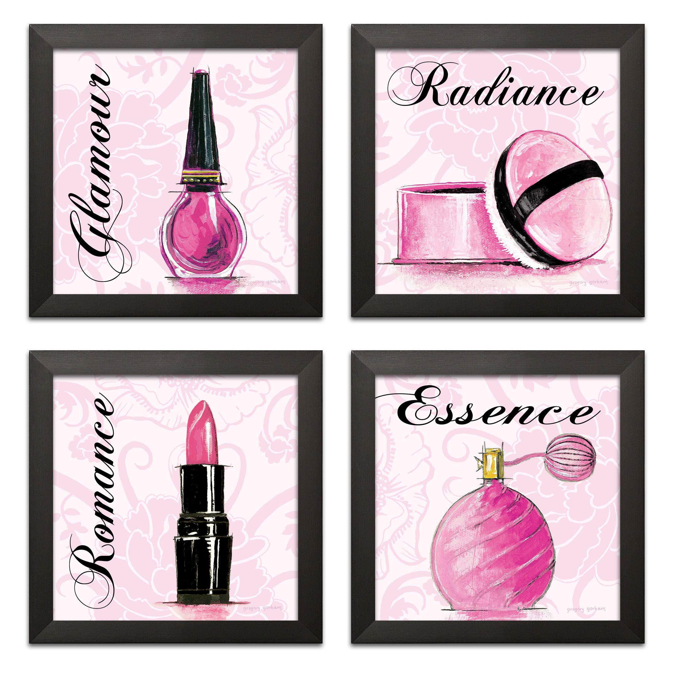 Gregory Gorham Pink Romance Makeup Art Print Set - 4 Framed 12x12 Inch Wall Decor (Pink, Black, White) | Perfect for Bedroom, Living Room & Salon Decor