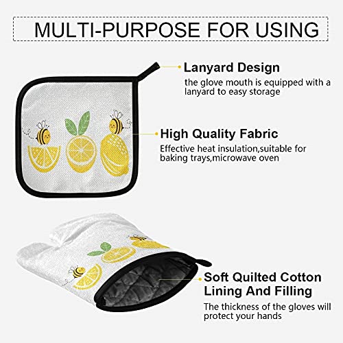 Lemon Bee Oven Mitts & Pot Holder Set - Heat Resistant Kitchen Gloves for Cooking, Baking, BBQ & Grilling - Cute Summer Yellow Kitchen Decor - Recycled Materials - Perfect for Home Cooking, Outdoor Grilling & Hosting Parties