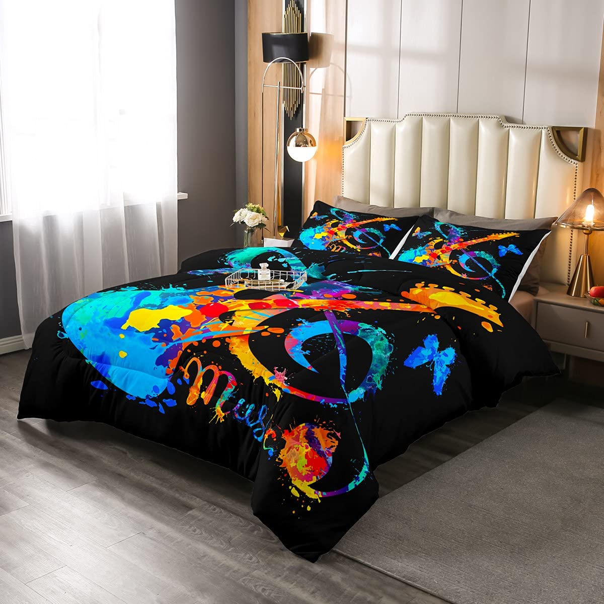 Erosebridal Tie Dye Comforter Set Twin Size - Bohemian Guitar & Butterfly Duvet Cover for Kids, Teens, Boys & Girls | Psychedelic Watercolor Quilted Bedding | Perfect for Boho Bedroom Decor & Music Lovers' Rooms