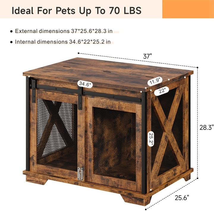 GAOMON Sliding Doors Wooden Dog Crate Furniture with End Table & Flip-Top Plate - Indoor Rustic Brown Pet Kennel for Small to Medium Dogs | Perfect for Living Room, Bedroom & Home Decor