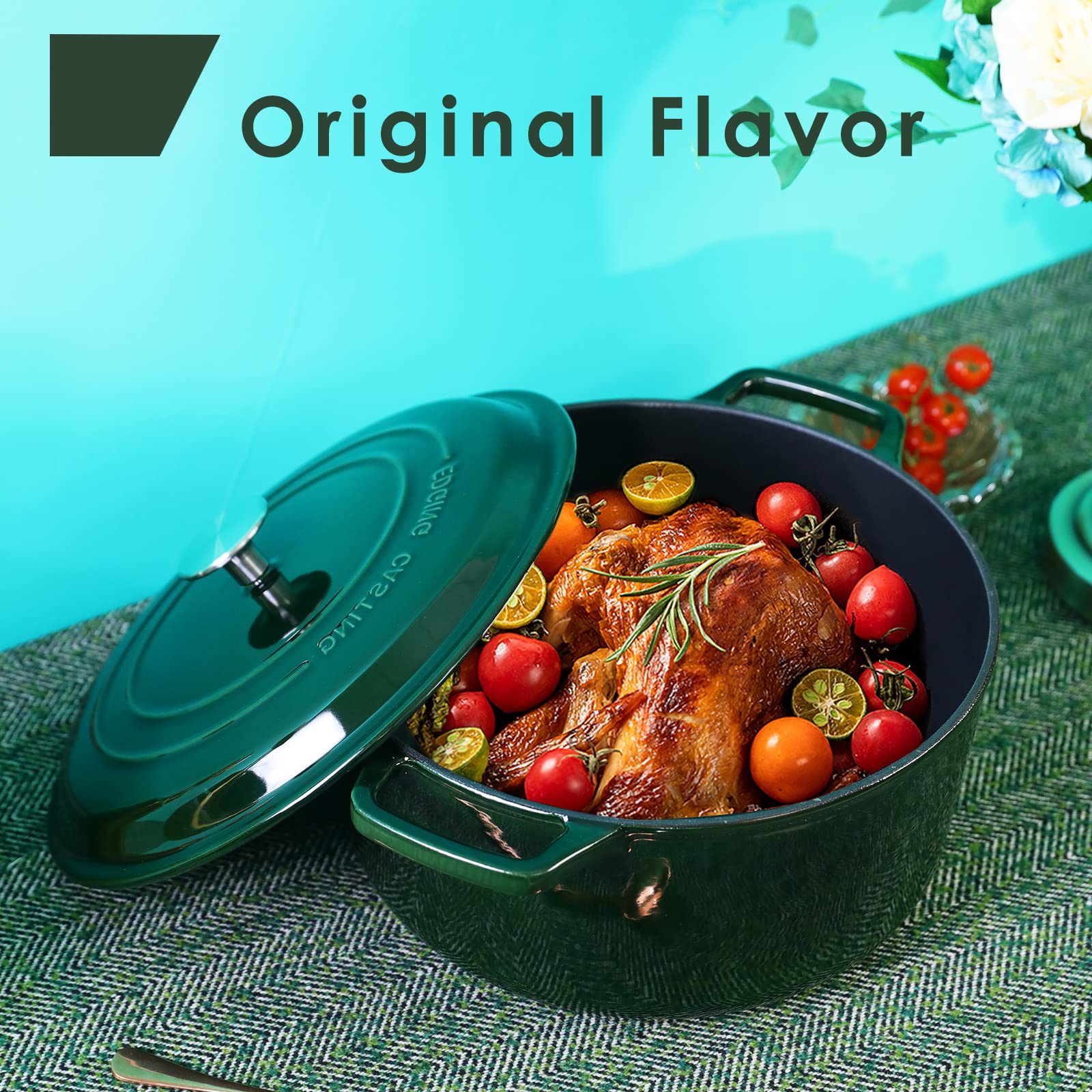 **6 Quart Enameled Cast Iron Dutch Oven with Lid – Green Round Pot for Sourdough Bread Baking, Braising, Stewing & Camping – Dual Handles for Easy Cooking**