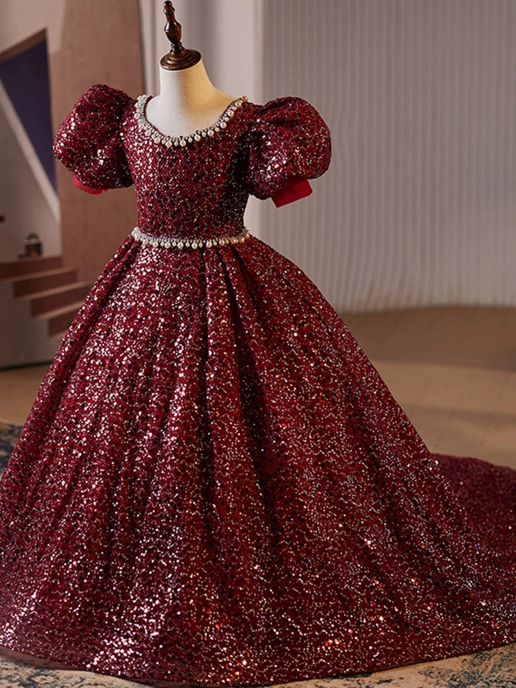 Burgundy Princess Scoop Floor Length Sequined Flower Girl Dress for Weddings, Pageants & Special Occasions – Elegant Formal Gown for Kids