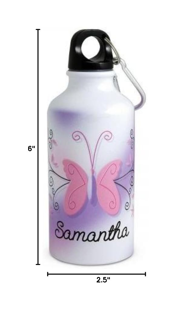 Personalized Kids Butterfly Aluminum Water Bottle - 14oz BPA-Free Water Bottle with Screw Top & Clip, 6 Inch Height, Ideal for School, Sports, Beach & Outdoor Activities - Lillian Vernon