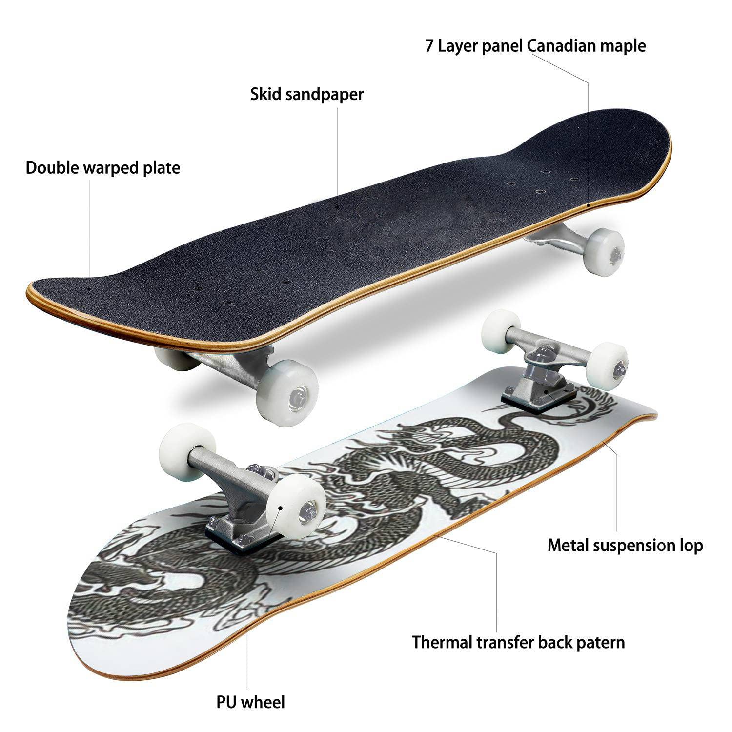 Premium Dragon Tattoo Skateboard - Classic Concave Longboard for Beginners & Professionals | Extreme Sports Equipment | Cool Teen Gifts for Skateboarding Enthusiasts | Perfect for Street Skating, Park Tricks & Commuting
