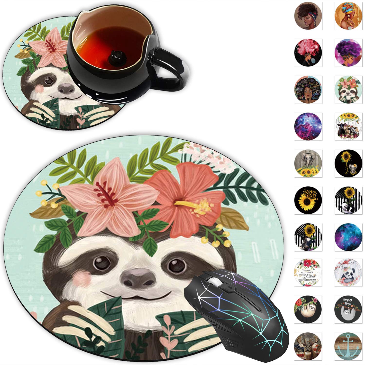 Sloth Painting Round Gaming Mouse Pad with Non-Slip Rubber Base - Ergonomic Desk Accessory for PC, Laptop, Office & Gaming - Includes Coaster Set for Drinks - Perfect for Work, Home & Esports