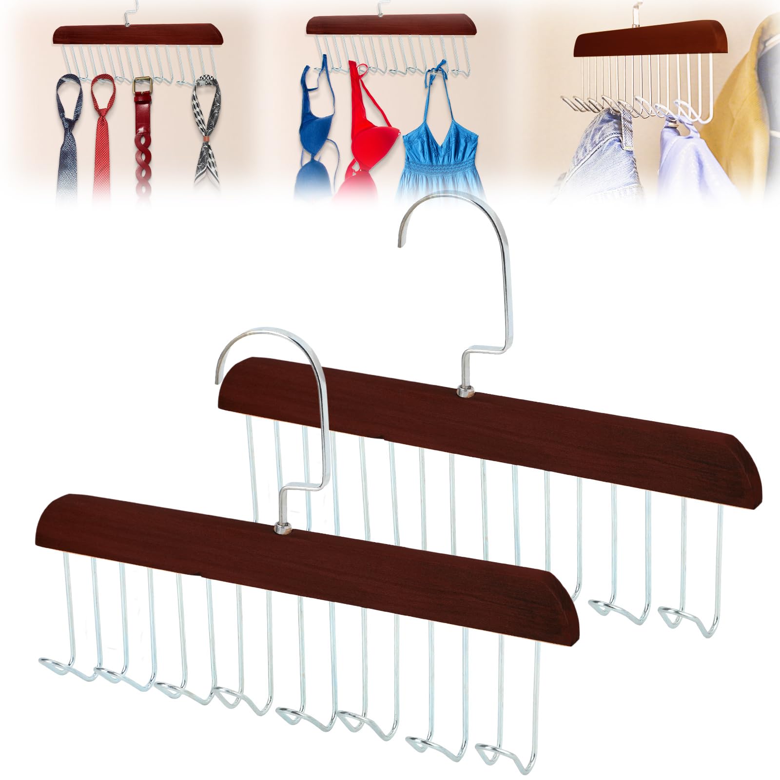 2-Pack Anti-Slip Multi Hook Coat Racks with 8 Swivel Hooks - 360° Rotating Closet Organizer for Belts, Ties, Bras, Scarves & Tank Tops - Space Saving Hanger for Wardrobe, Closet & Bathroom Organization (Brown)