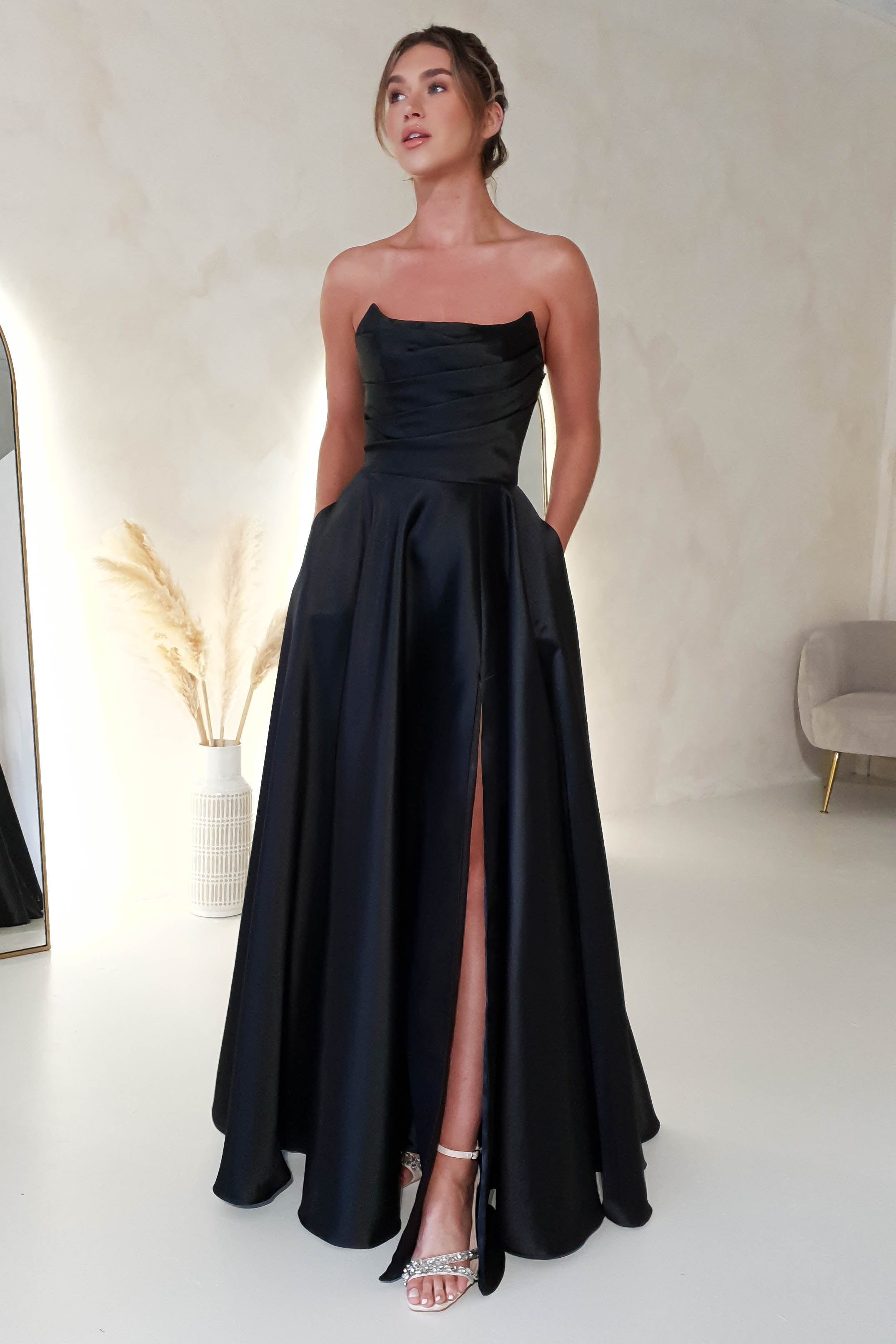 Elegant Miya Corset A-Line Satin Evening Gown in Black - Perfect for Prom, Wedding Guest & Formal Events