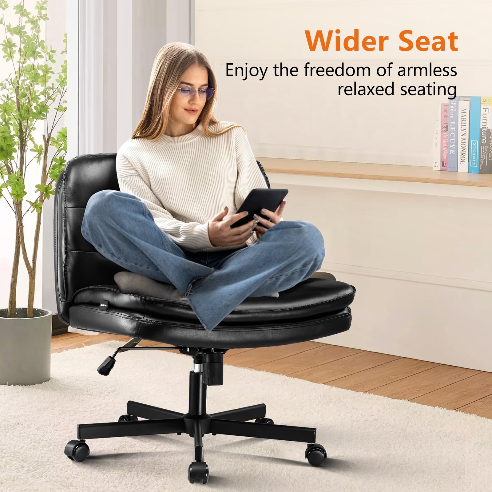 Criss Cross Legged Office Chair with Wheels - Armless Swivel Desk Chair, Wide Seat & Height Adjustable Mid Back - Perfect for Home Office, Computer Work & Vanity Desks